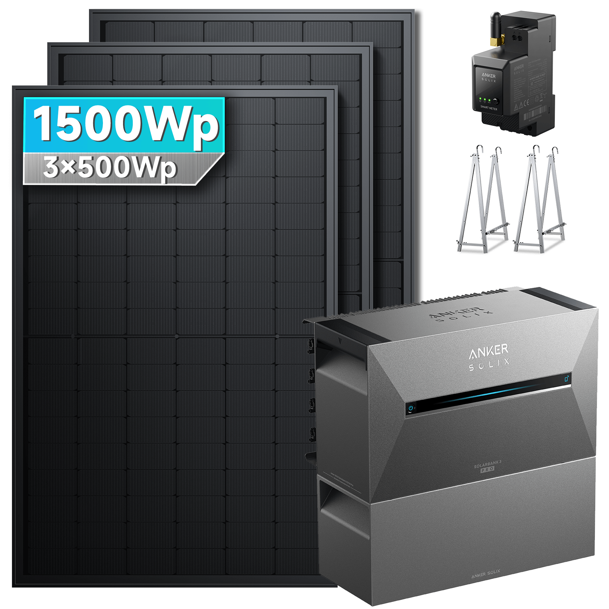 1500Wp Anker Solix Balkonkraftwerk Komplettset mit 3x500Wp bifazialen PV-Panels. Speicher: Mit 1x BP2700 Erweiterungsakku. Halterung: Mit Balkonhalterung.