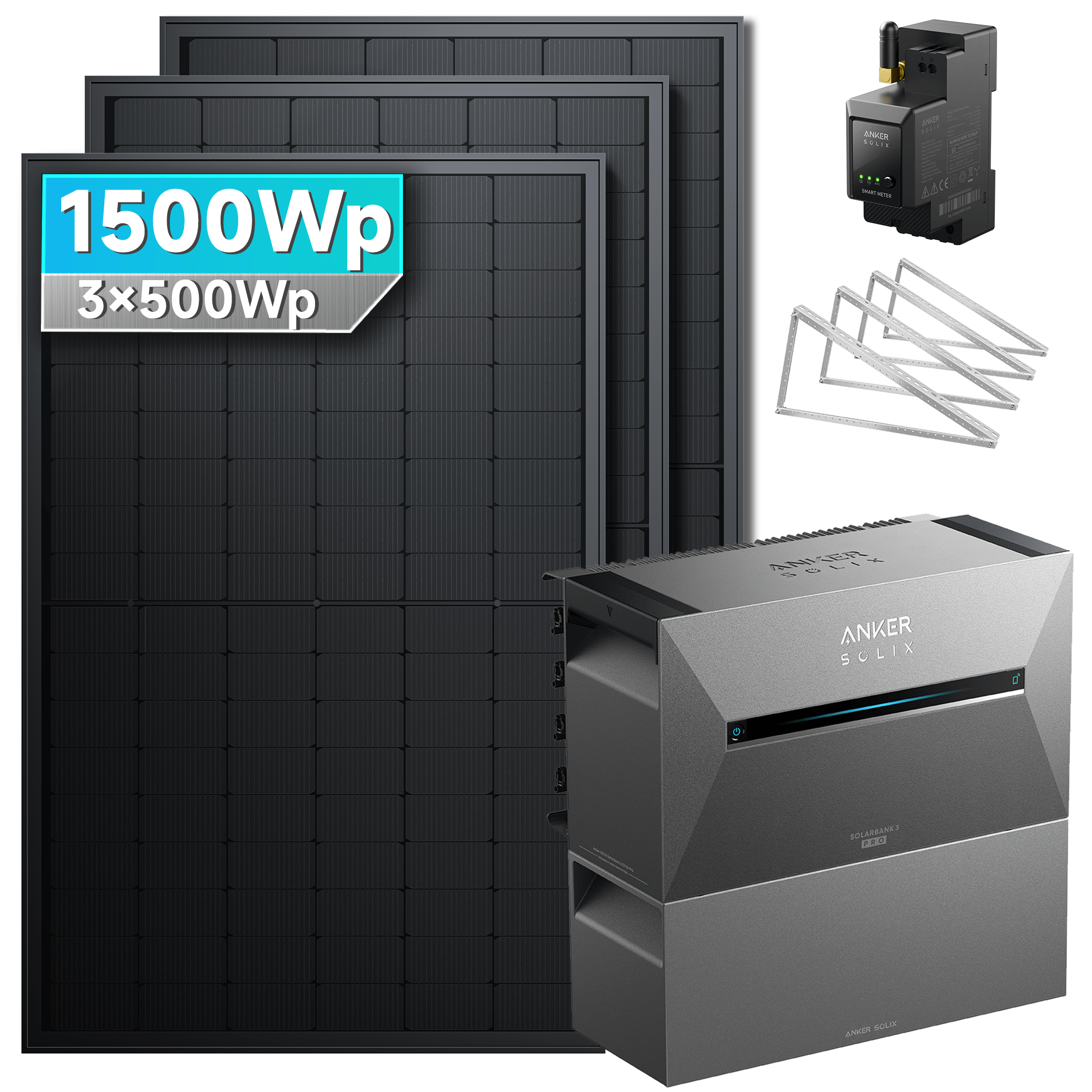 1500Wp Anker Solix Balkonkraftwerk Komplettset mit 3x500Wp bifazialen PV-Panels. Speicher: Mit 1x BP2700 Erweiterungsakku. Halterung: Mit Garten-/Flachdachhalterung.