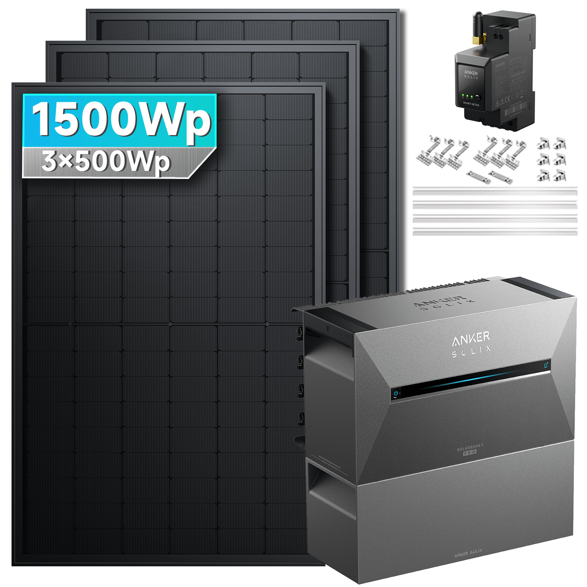 1500Wp Anker Solix Balkonkraftwerk Komplettset mit 3x500Wp bifazialen PV-Panels. Speicher: Mit 1x BP2700 Erweiterungsakku. Halterung: Mit Ziegeldachhalterung.
