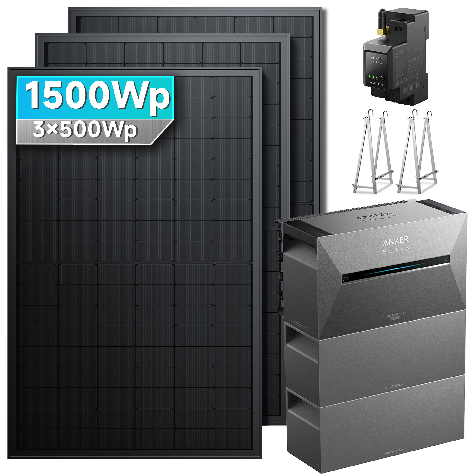 1500Wp Anker Solix Balkonkraftwerk Komplettset mit 3x500Wp bifazialen PV-Panels. Speicher: Mit 2x BP2700 Erweiterungsakku. Halterung: Mit Balkonhalterung.