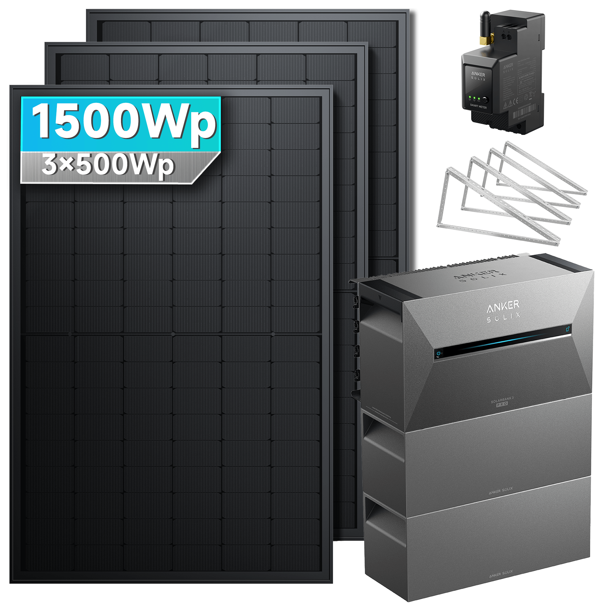 1500Wp Anker Solix Balkonkraftwerk Komplettset mit 3x500Wp bifazialen PV-Panels. Speicher: Mit 2x BP2700 Erweiterungsakku. Halterung: Mit Garten-/Flachdachhalterung.