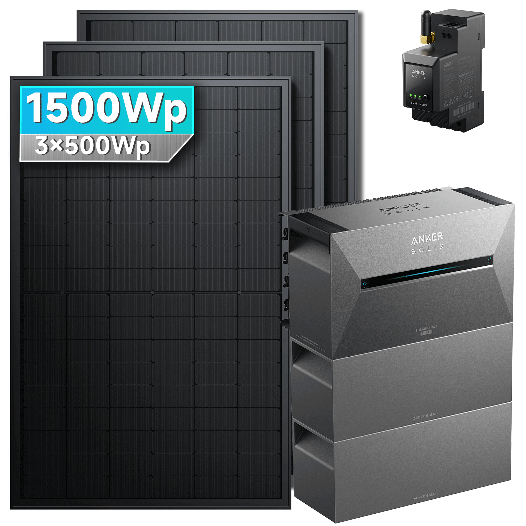 1500Wp Anker Solix Balkonkraftwerk Komplettset mit 3x500Wp bifazialen PV-Panels. Speicher: Mit 2x BP2700 Erweiterungsakku. Halterung: Ohne Halterung.