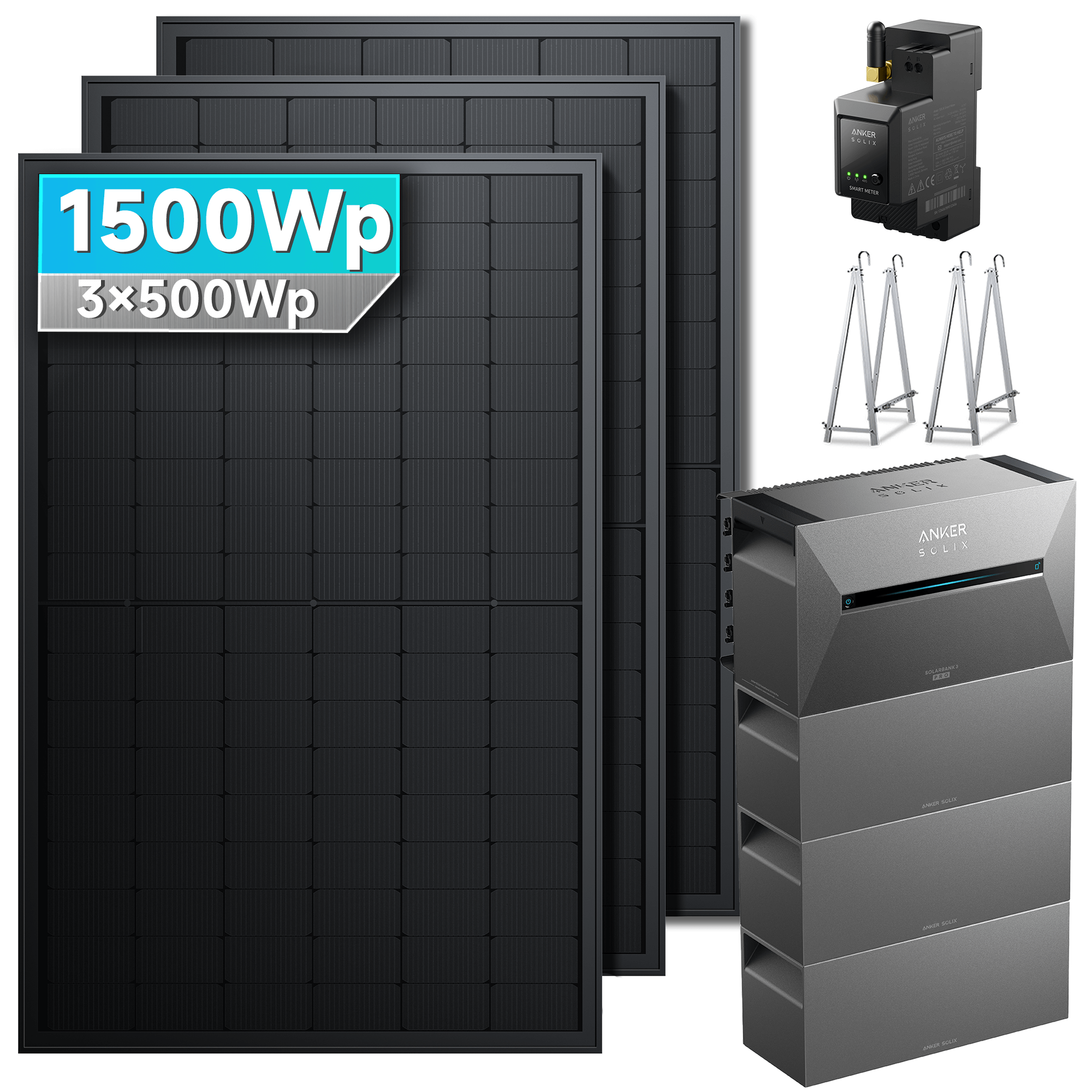 1500Wp Anker Solix Balkonkraftwerk Komplettset mit 3x500Wp bifazialen PV-Panels. Speicher: Mit 3x BP2700 Erweiterungsakku. Halterung: Mit Balkonhalterung.