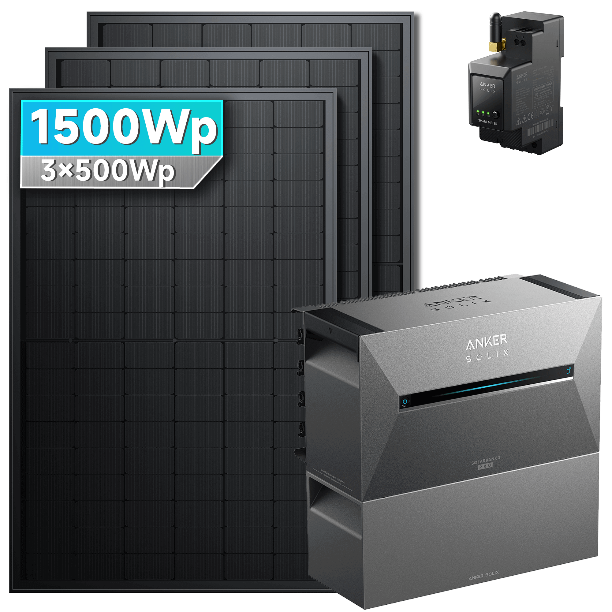 1500Wp Anker Solix Balkonkraftwerk Komplettset mit 3x500Wp bifazialen PV-Panels. Speicher: Mit 1x BP2700 Erweiterungsakku. Halterung: Ohne Halterung.