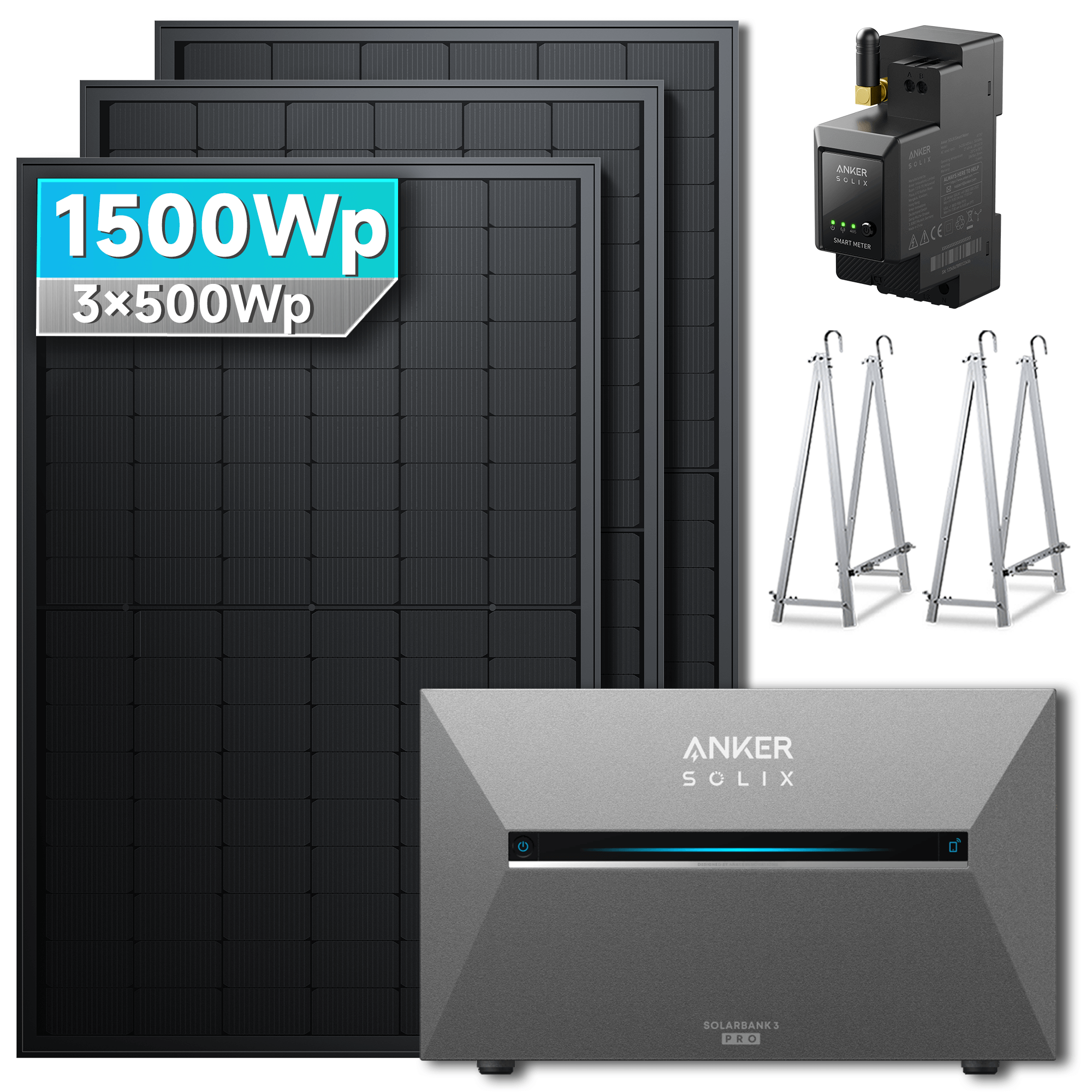 1500Wp Anker Solix Balkonkraftwerk Komplettset mit 3x500Wp bifazialen PV-Panels. Speicher: Ohne Erweiterungsakku. Halterung: Mit Balkonhalterung.