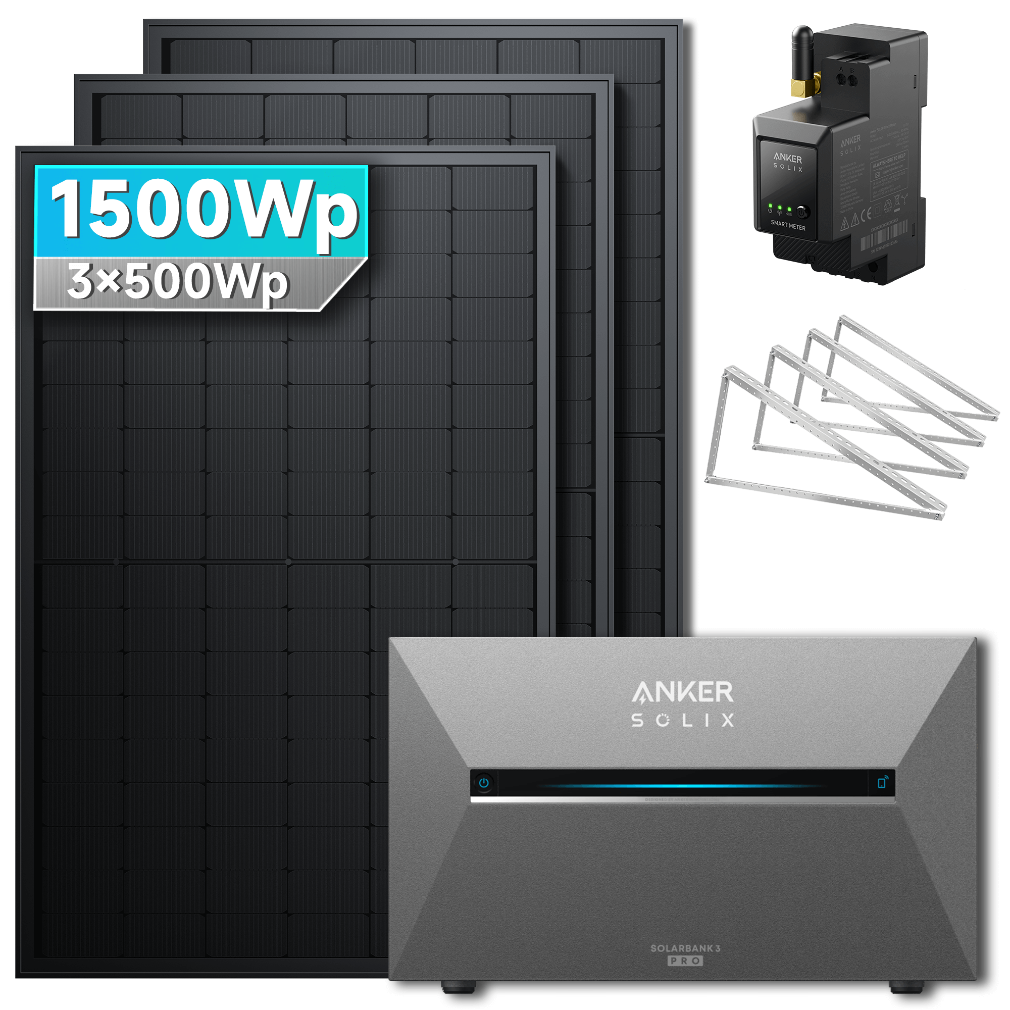 Anker SOLIX Solarbank 3 E2700 Pro set with three 500W solar panels and mounting brackets, total 1500Wp capacity.