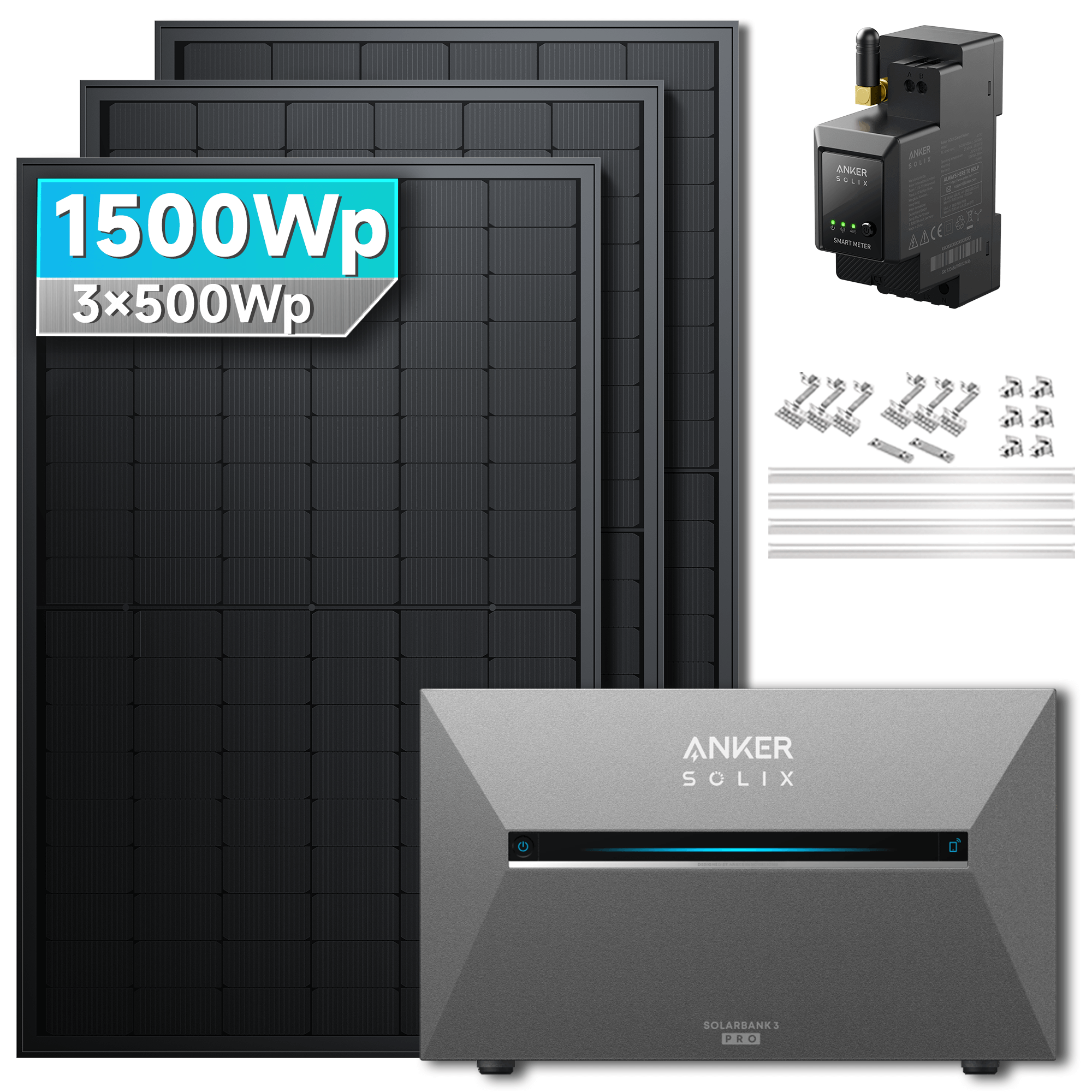 1500Wp Anker Solix Balkonkraftwerk Komplettset mit 3x500Wp bifazialen PV-Panels. Speicher: Ohne Erweiterungsakku. Halterung: Mit Ziegeldachhalterung.