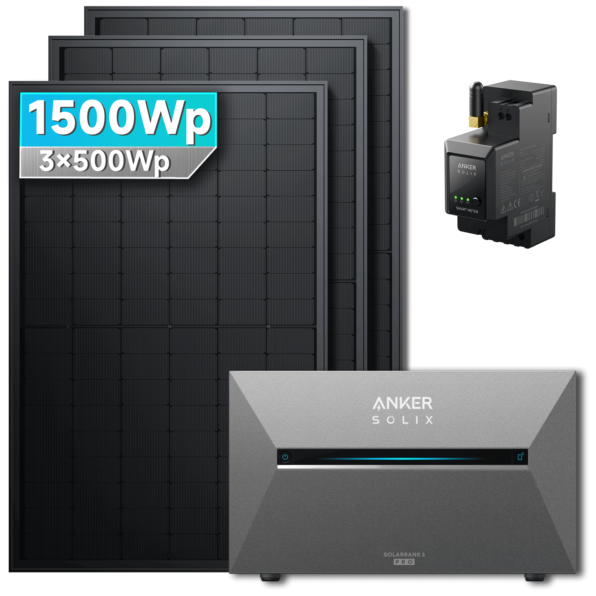1500Wp Anker Solix Balkonkraftwerk Komplettset mit 3x500Wp bifazialen PV-Panels. Speicher: Ohne Erweiterungsakku. Halterung: Ohne Halterung.