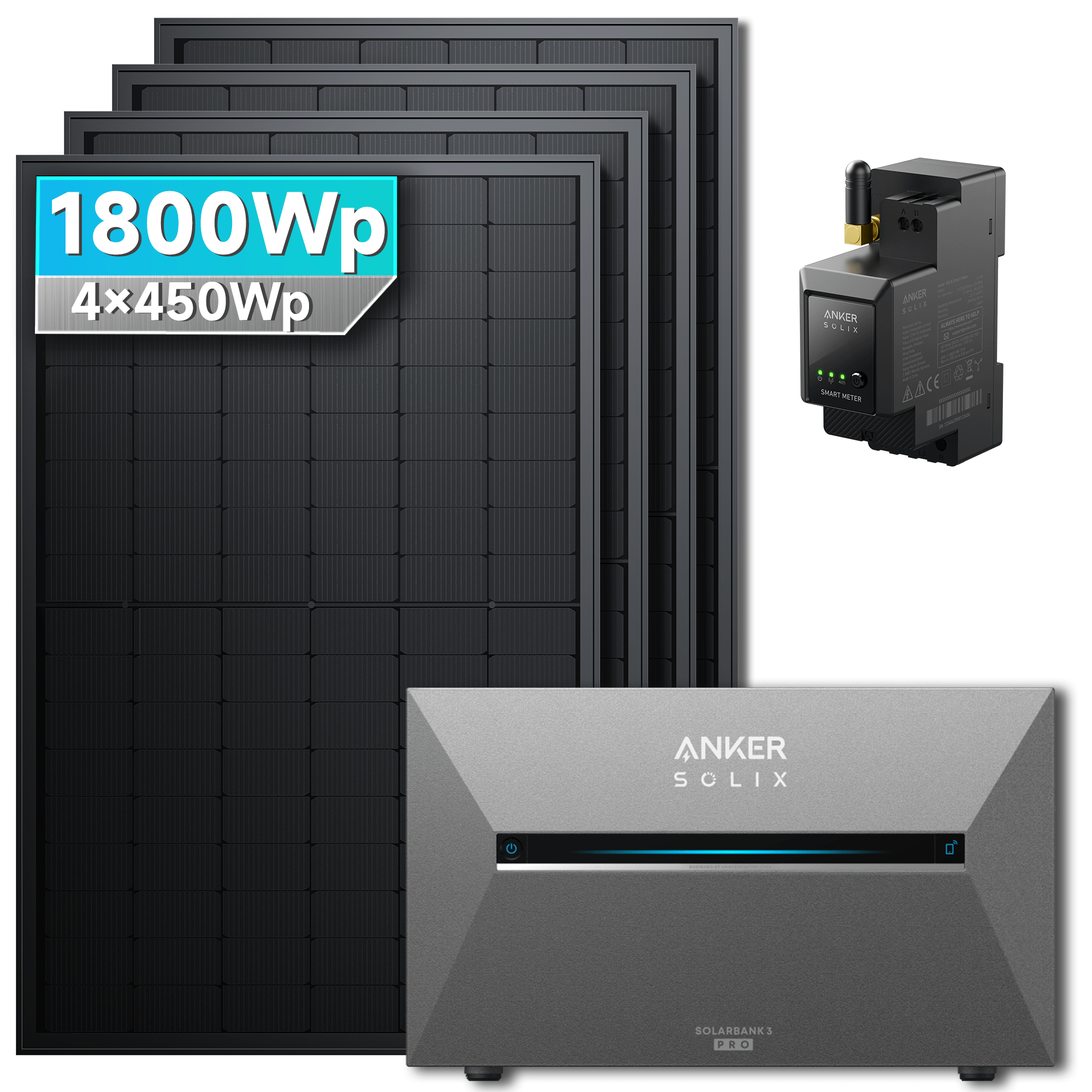 Anker Solix 1800Wp Balkonkraftwerk Set: Ohne Erweiterungsakku/Ohne Halterung, mit N-Type 450Wp bifazialen Solarmodulen und TÜV-Zertifizierung.