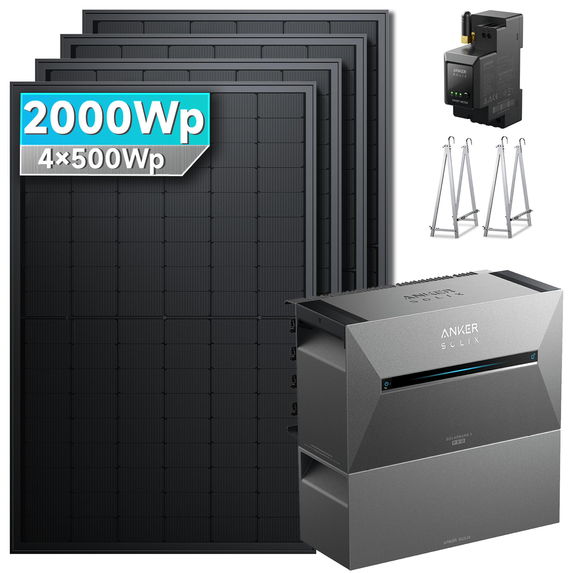 2000Wp Anker Solix Balkonkraftwerk Komplettset mit 4x500Wp bifazialen PV-Panels. Speicher: Mit 1x BP2700 Erweiterungsakku. Halterung: Mit Balkonhalterung.