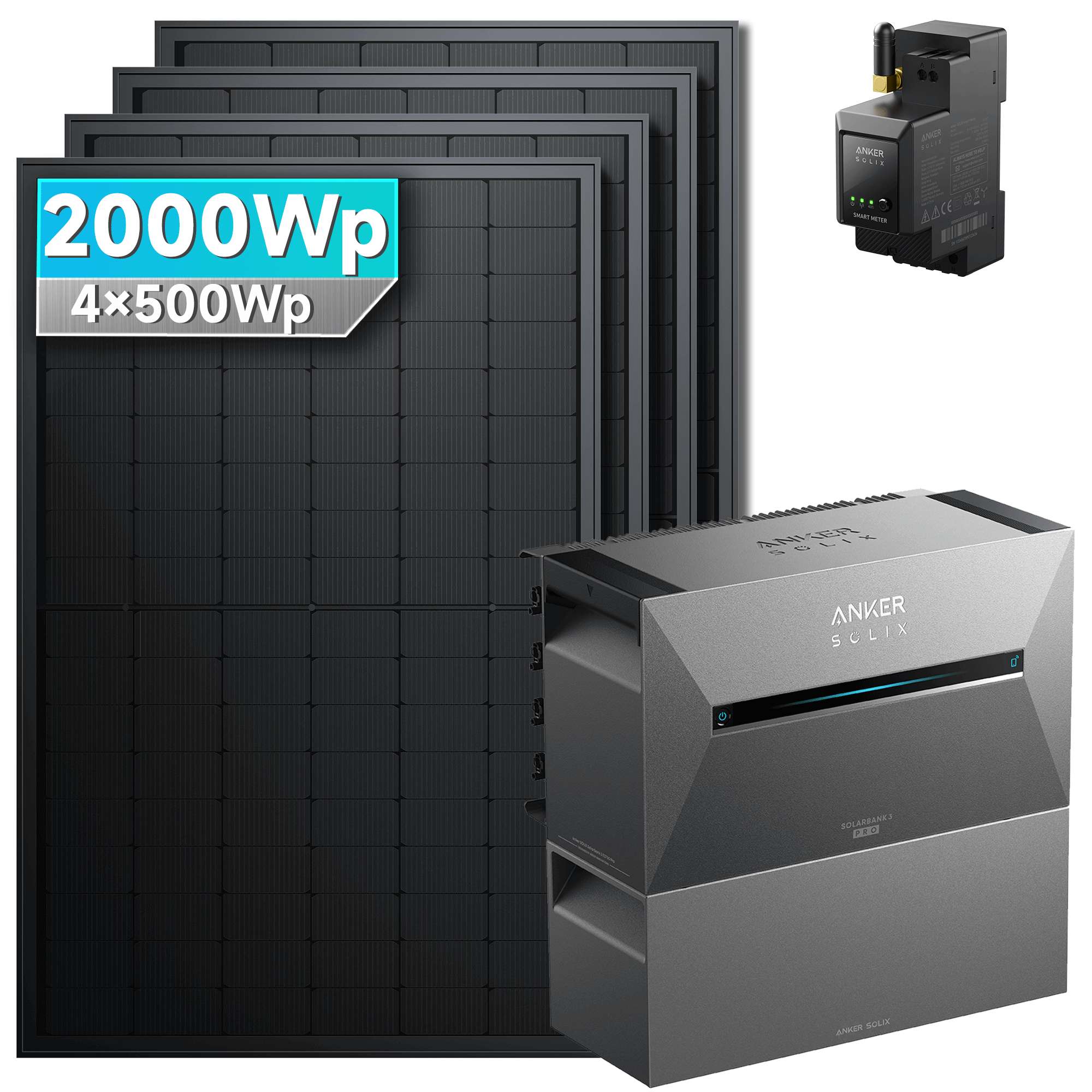 Anker SOLIX Solarbank set with 4 bifacial solar panels, total 2000Wp capacity for efficient energy generation.