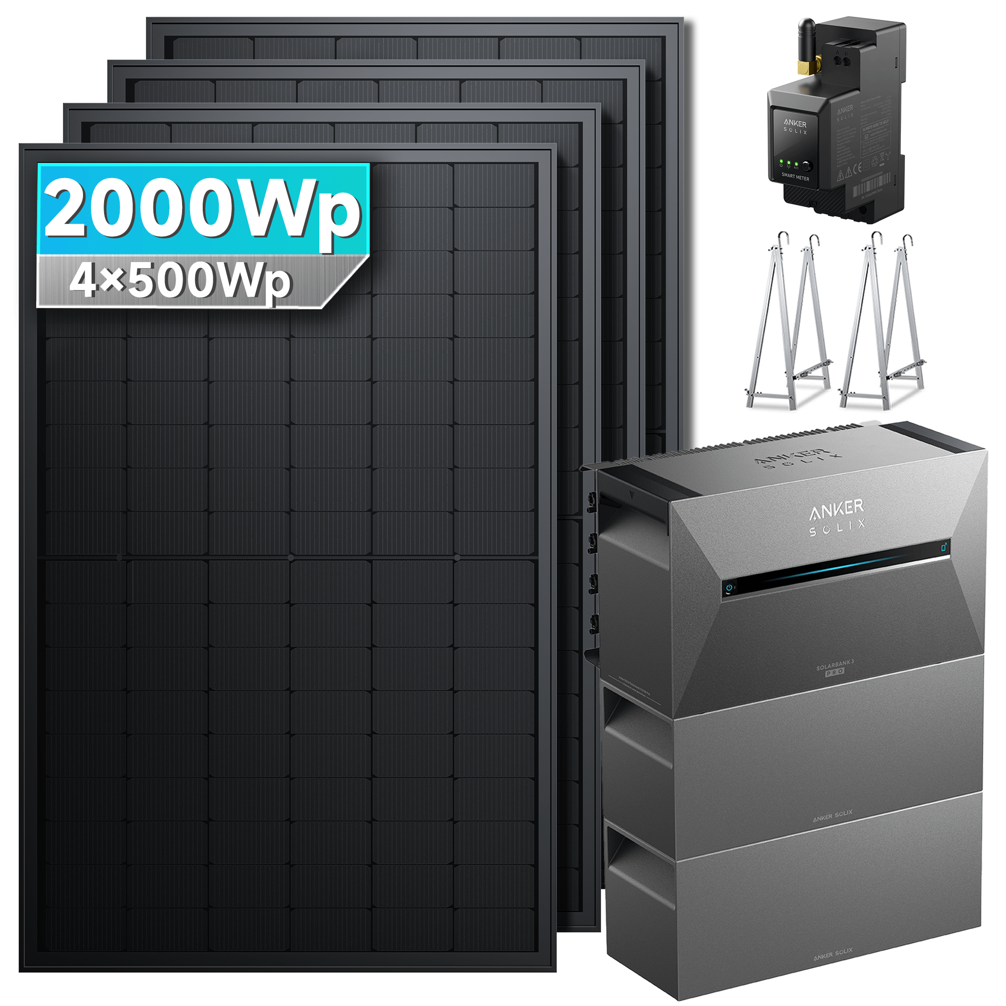 2000Wp Anker Solix Balkonkraftwerk Komplettset mit 4x500Wp bifazialen PV-Panels. Speicher: Mit 2x BP2700 Erweiterungsakku. Halterung: Mit Balkonhalterung.