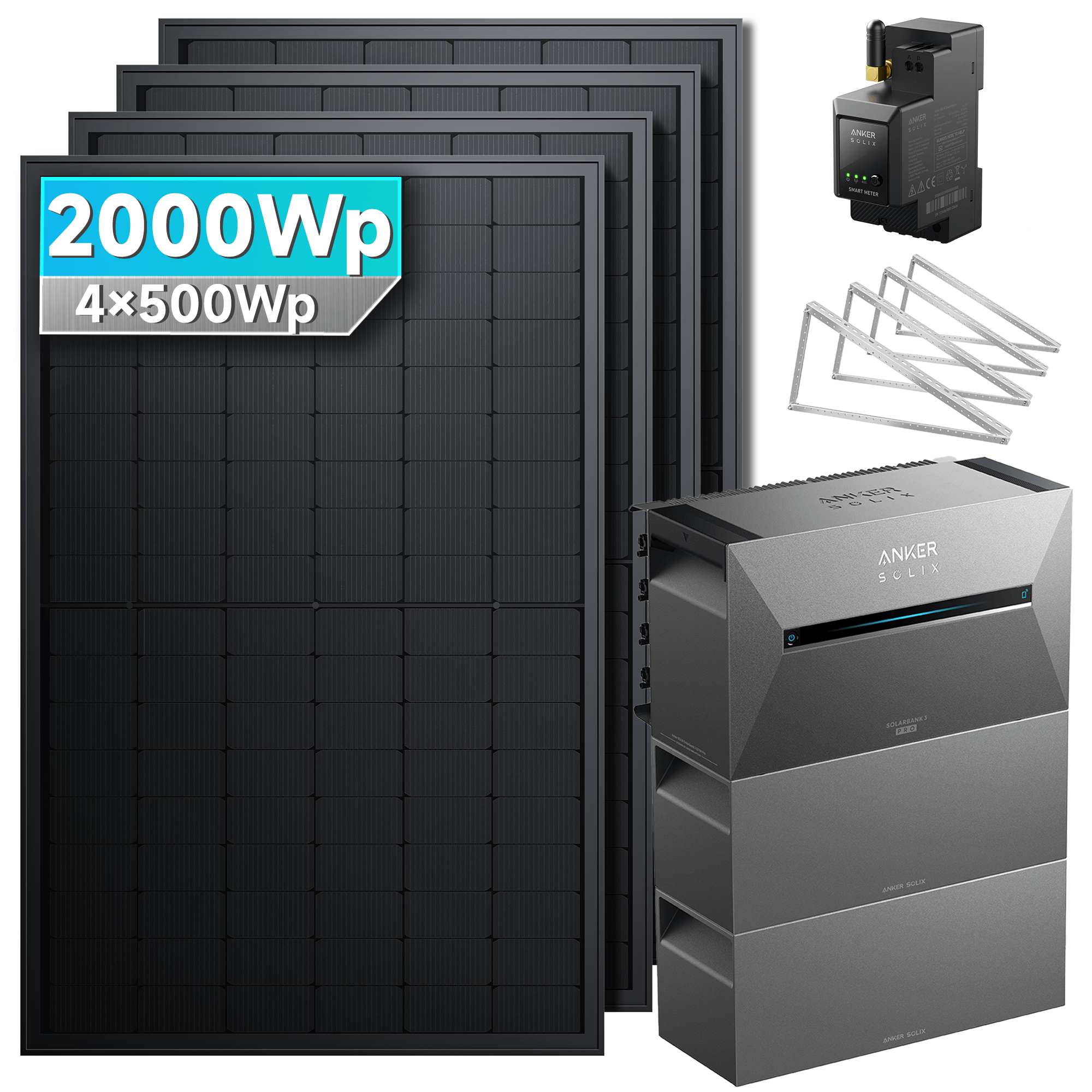 2000Wp Anker Solix Balkonkraftwerk Komplettset mit 4x500Wp bifazialen PV-Panels. Speicher: Mit 2x BP2700 Erweiterungsakku. Halterung: Mit Garten-/Flachdachhalterung.