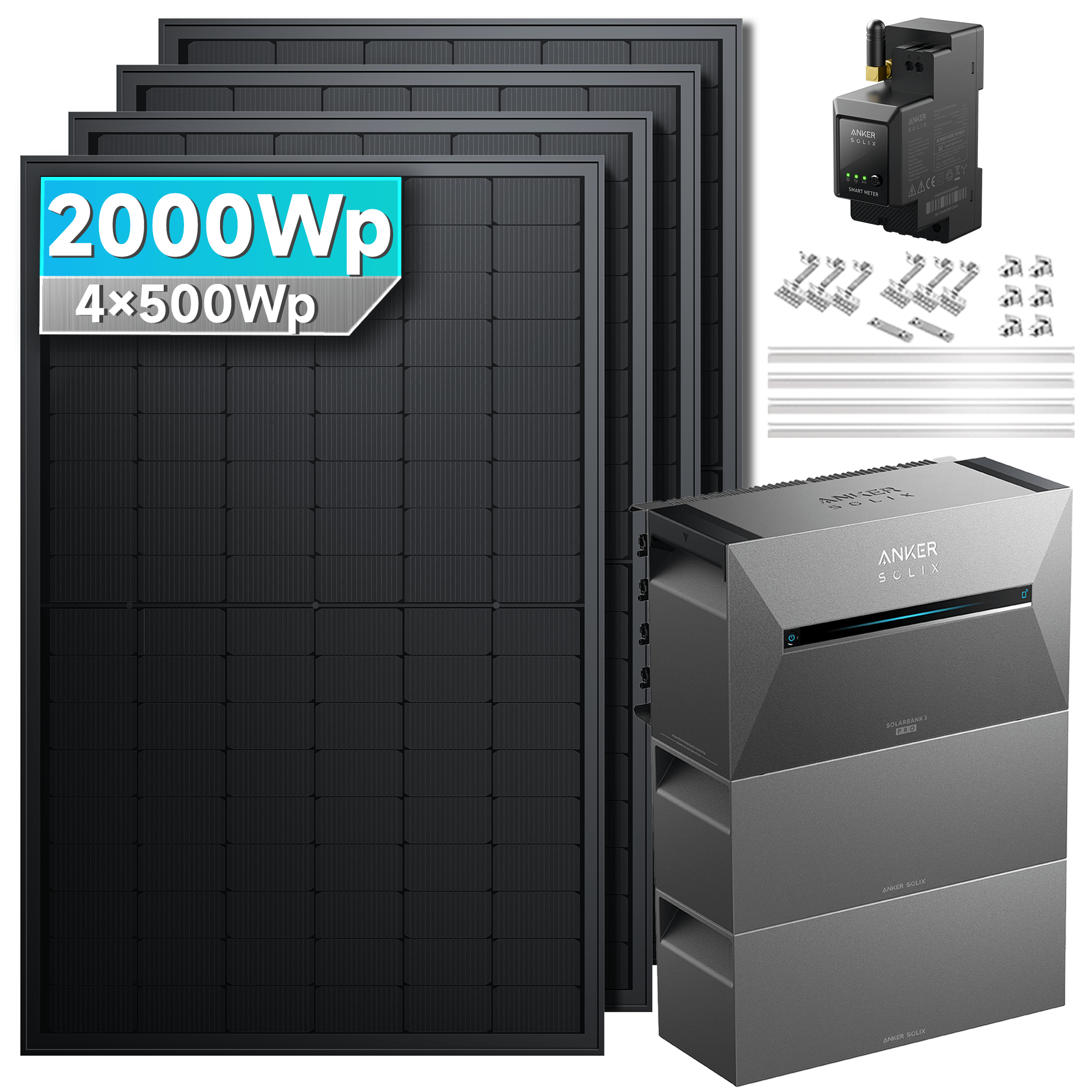 2000Wp Anker Solix Balkonkraftwerk Komplettset mit 4x500Wp bifazialen PV-Panels. Speicher: Mit 2x BP2700 Erweiterungsakku. Halterung: Mit Ziegeldachhalterung.