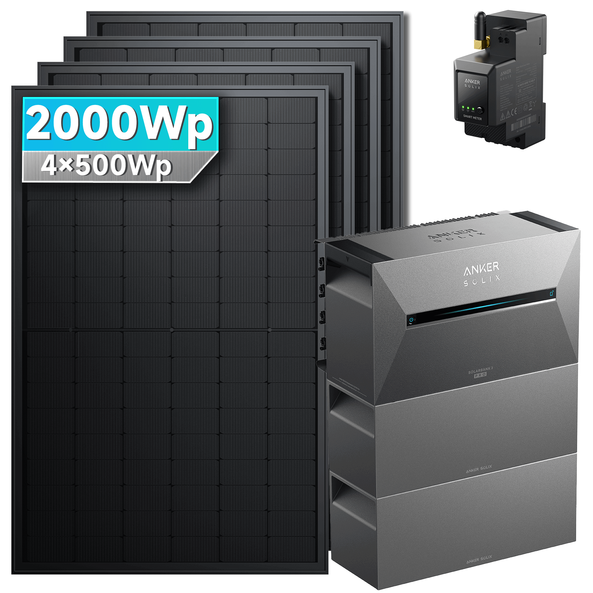 Anker SOLIX Solarbank 3 E2700 Pro with 4 bifacial solar panels, total output 2000Wp, for efficient energy generation.