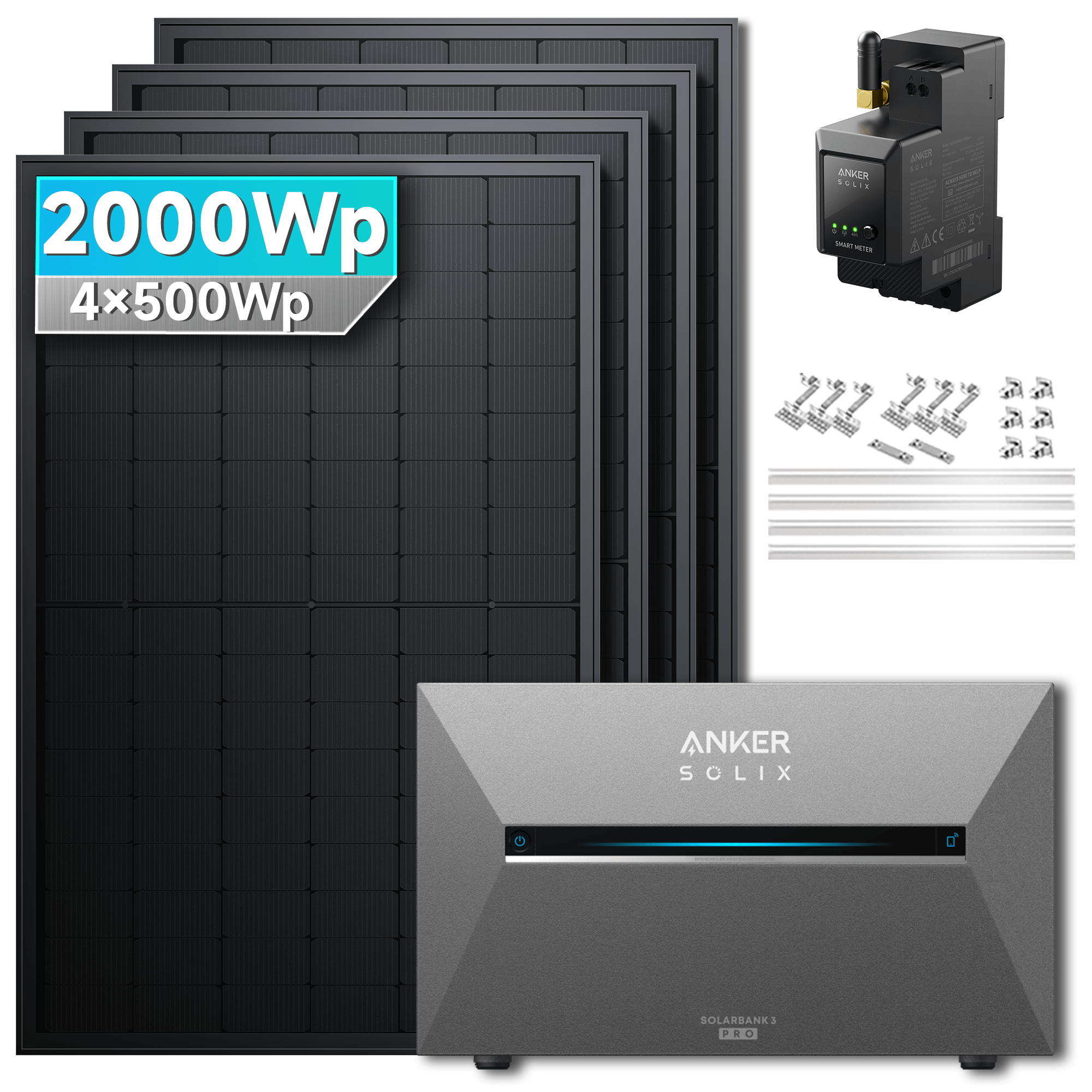 Anker SOLIX Solarbank 3 E2700 Pro with 4x500Wp bifacial solar panels and accessories for efficient solar energy.