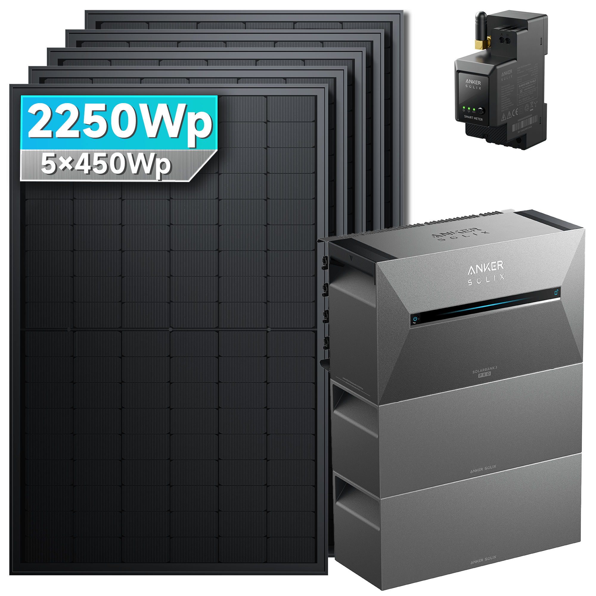 Anker Solix 2250Wp Hochleistungssystem: Mit 2x BP2700 Erweiterungsakku/Ohne Halterung, mit N-Type 450Wp bifazialen Solarmodulen und TÜV-Zertifizierung.