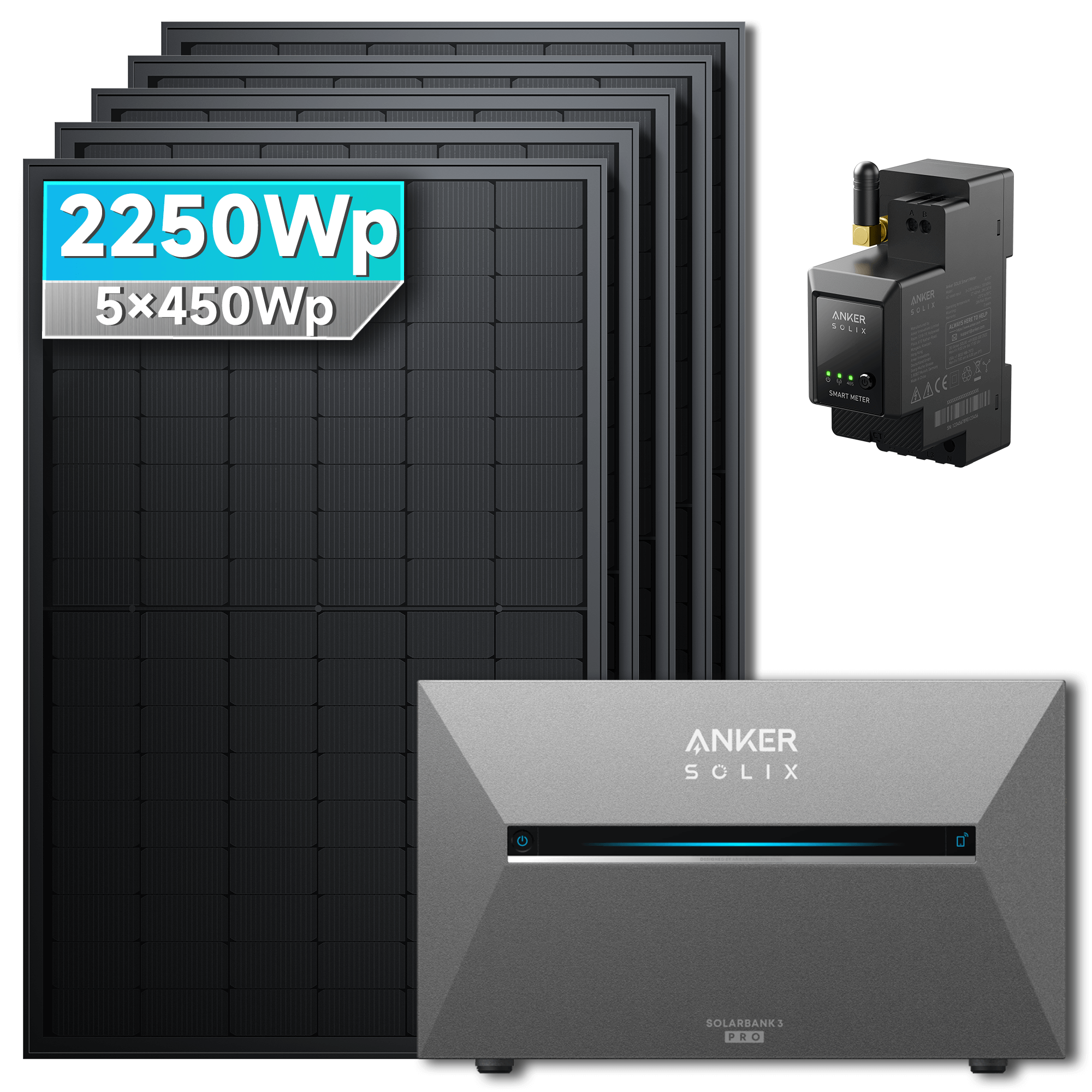 Anker Solix 2250Wp Balkonkraftwerk Set: Ohne Erweiterungsakku/Ohne Halterung, mit N-Type 450Wp bifazialen Solarmodulen und TÜV-Zertifizierung.