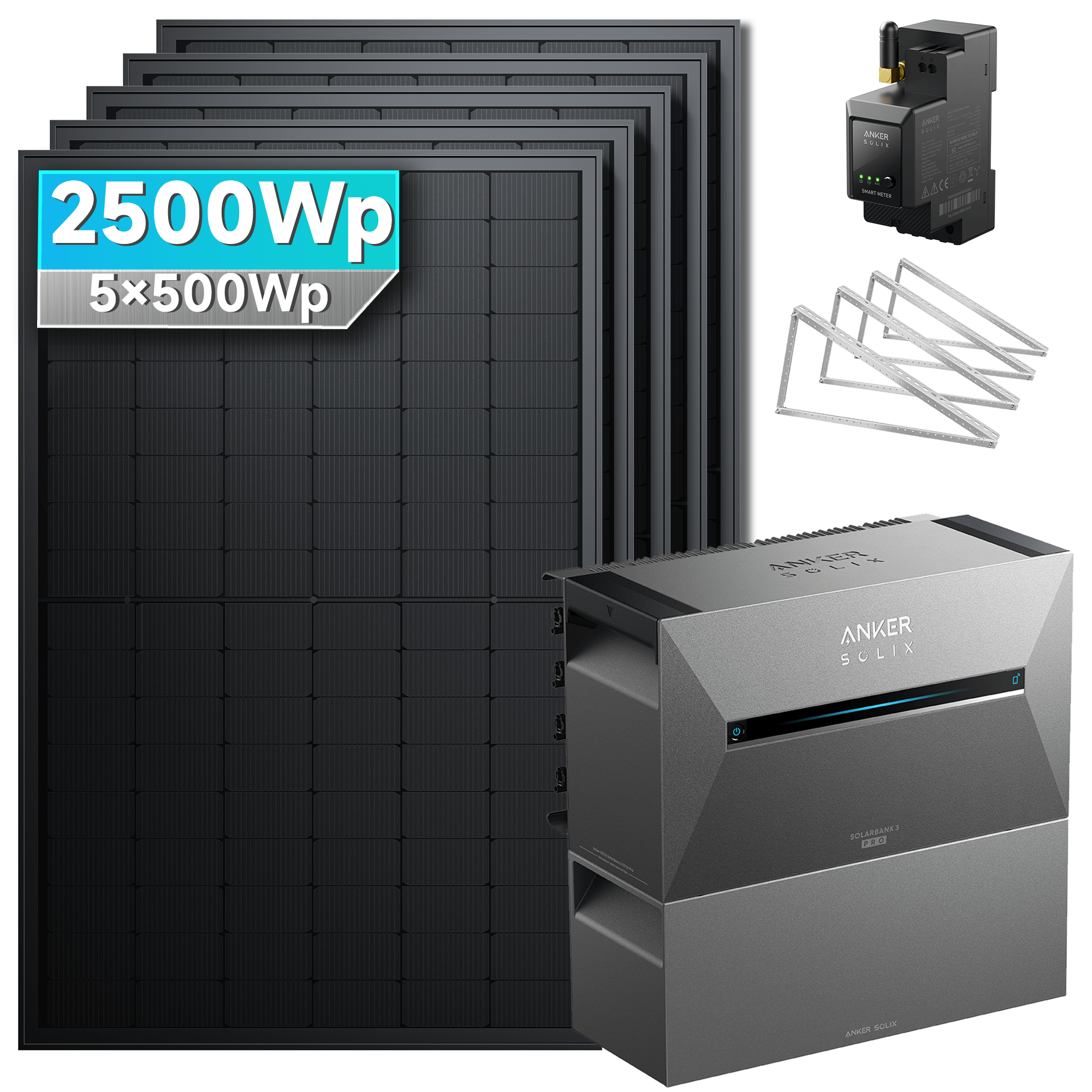 Anker SOLIX Solarbank 2500Wp set with 5 bifacial solar panels, mounting brackets, and MPPT for efficient energy storage.