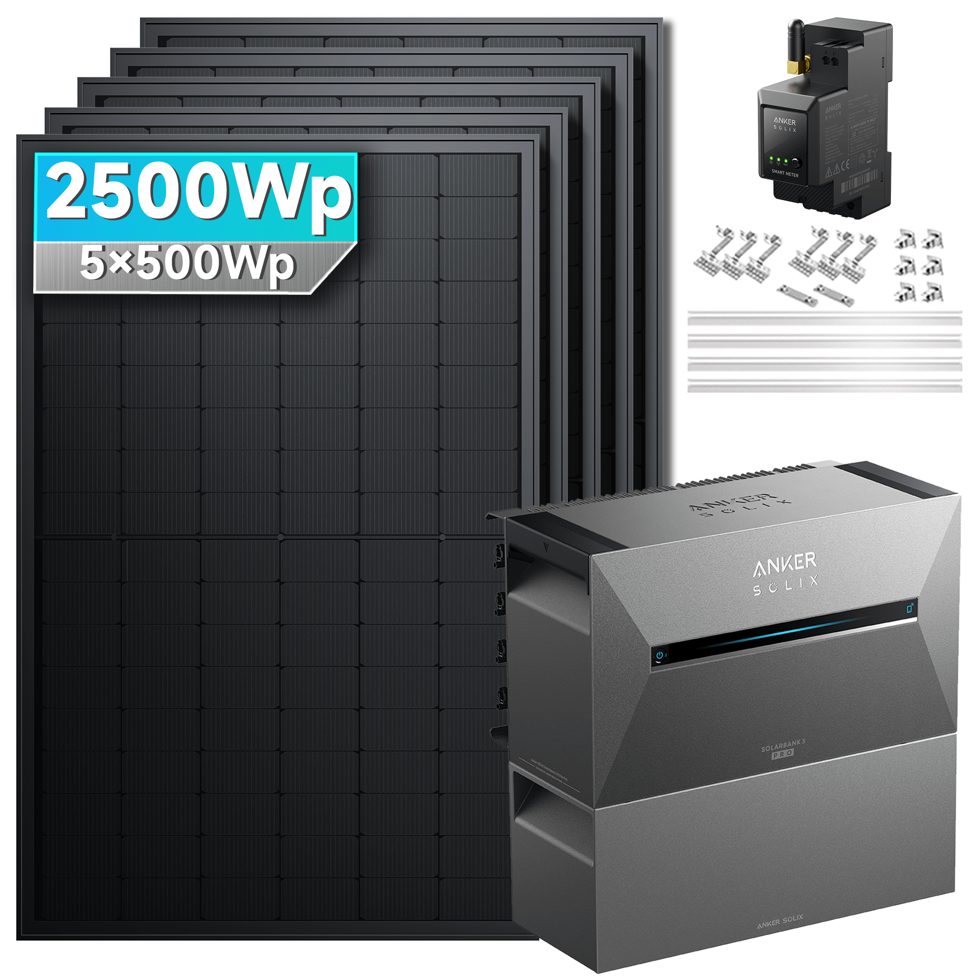 2500Wp Anker Solix Balkonkraftwerk Komplettset mit 5x500Wp bifazialen PV-Panels. Speicher: Mit 1x BP2700 Erweiterungsakku. Halterung: Mit Ziegeldachhalterung.