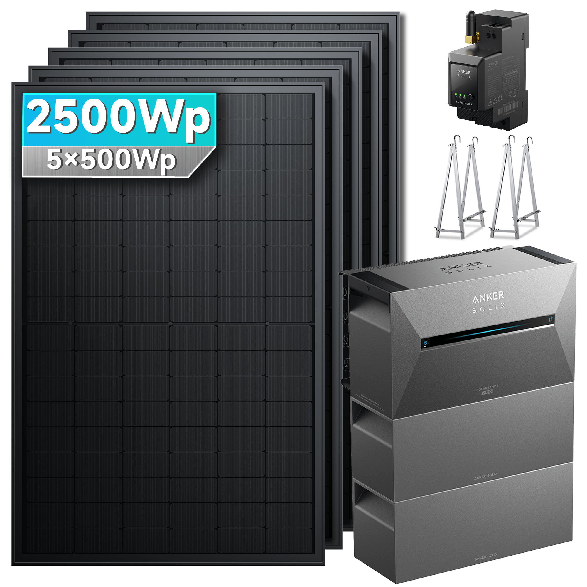 2500Wp Anker Solix Balkonkraftwerk Komplettset mit 5x500Wp bifazialen PV-Panels. Speicher: Mit 2x BP2700 Erweiterungsakku. Halterung: Mit Balkonhalterung.