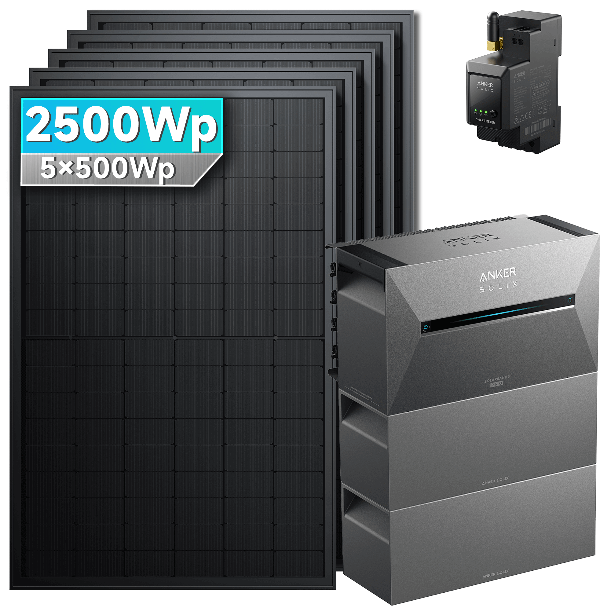 2500Wp Anker Solix Balkonkraftwerk Komplettset mit 5x500Wp bifazialen PV-Panels. Speicher: Mit 2x BP2700 Erweiterungsakku. Halterung: Ohne Halterung.