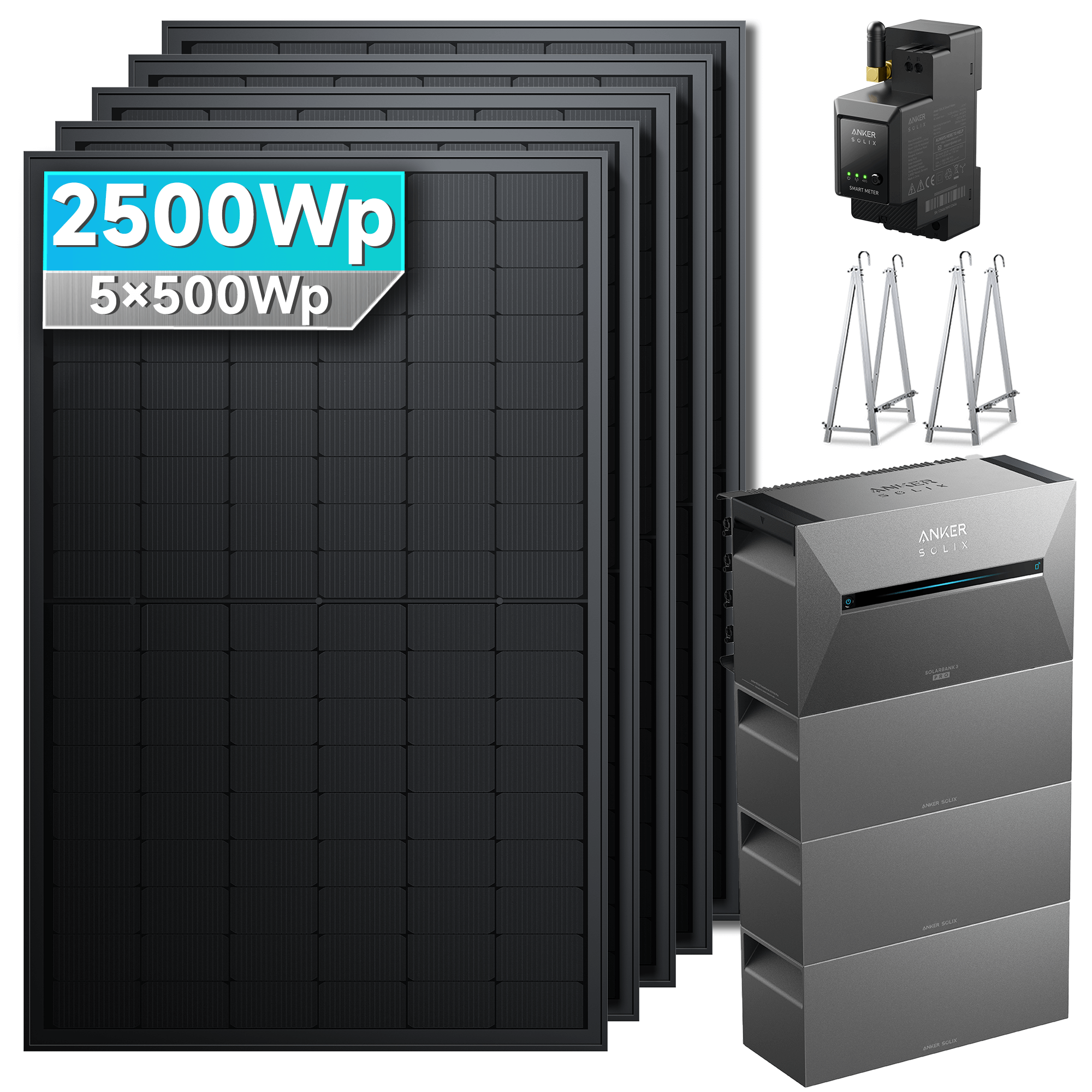 2500Wp Anker Solix Balkonkraftwerk Komplettset mit 5x500Wp bifazialen PV-Panels. Speicher: Mit 3x BP2700 Erweiterungsakku. Halterung: Mit Balkonhalterung.