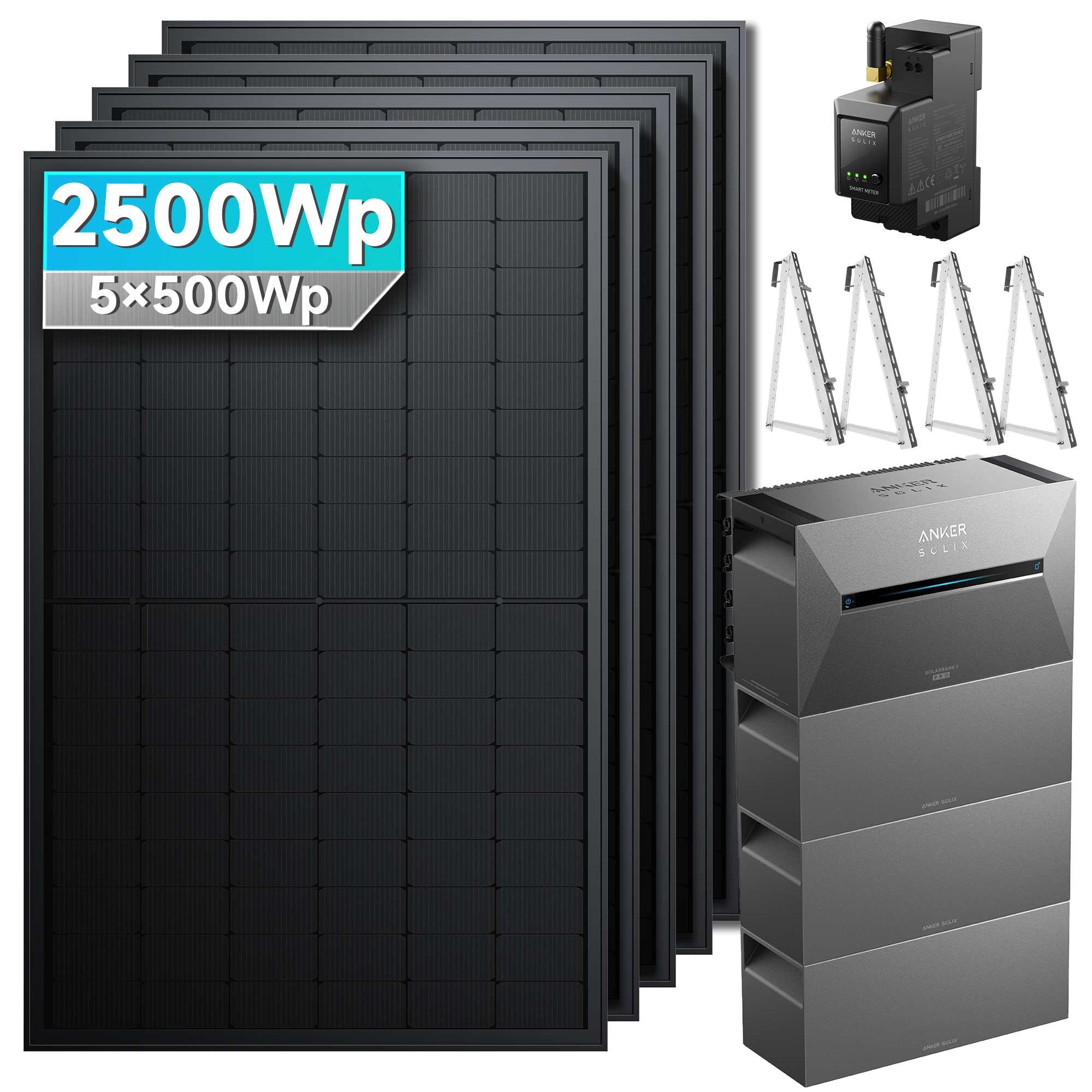 Anker Solix 2500Wp PV-Anlage mit 3x BP2700 Erweiterungsakku und Balkon-Geländer-Halterung.