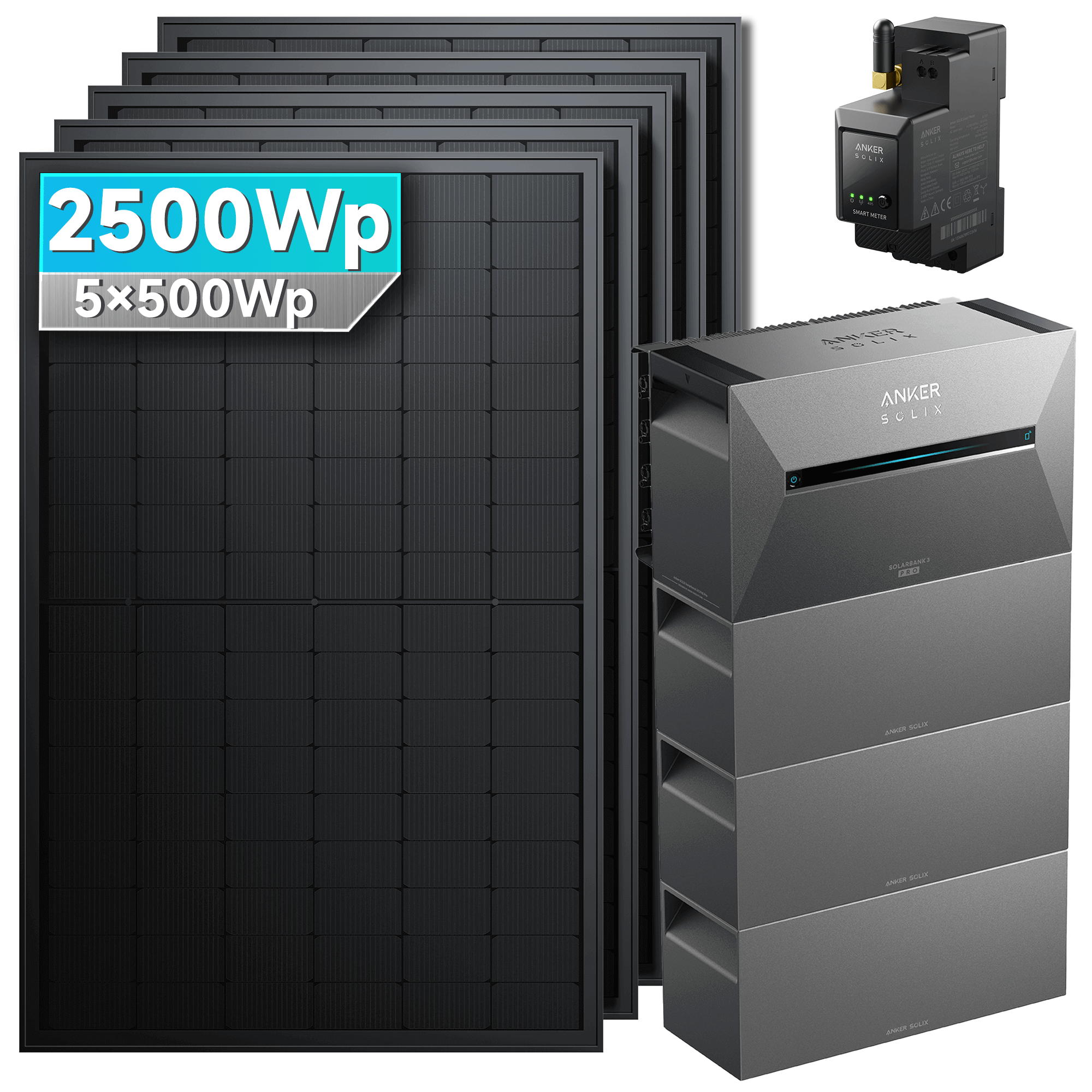 2500Wp Anker Solix Balkonkraftwerk Komplettset mit 5x500Wp bifazialen PV-Panels. Speicher: Mit 3x BP2700 Erweiterungsakku. Halterung: Ohne Halterung.