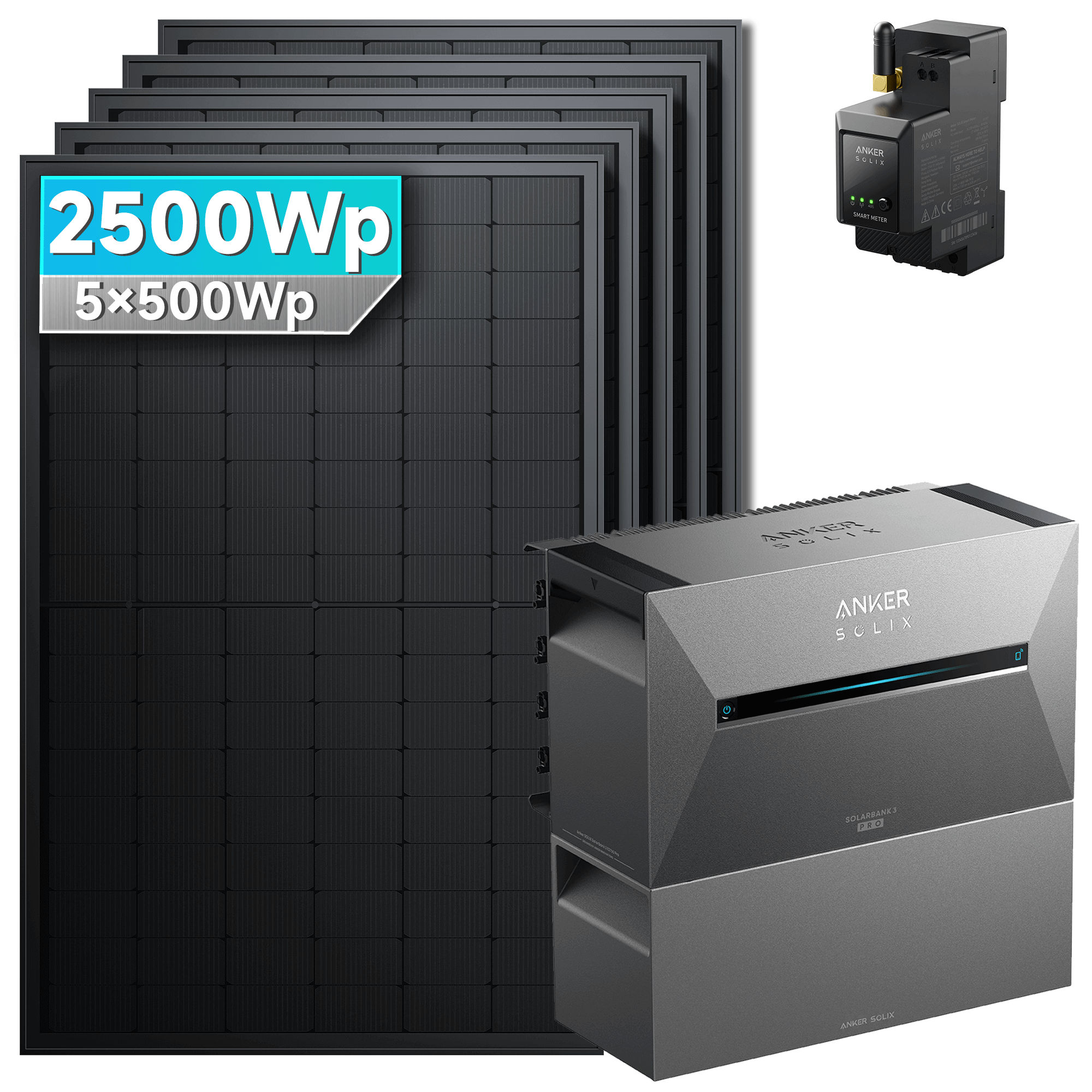 2500Wp Anker Solix Balkonkraftwerk Komplettset mit 5x500Wp bifazialen PV-Panels. Speicher: Mit 1x BP2700 Erweiterungsakku. Halterung: Ohne Halterung.