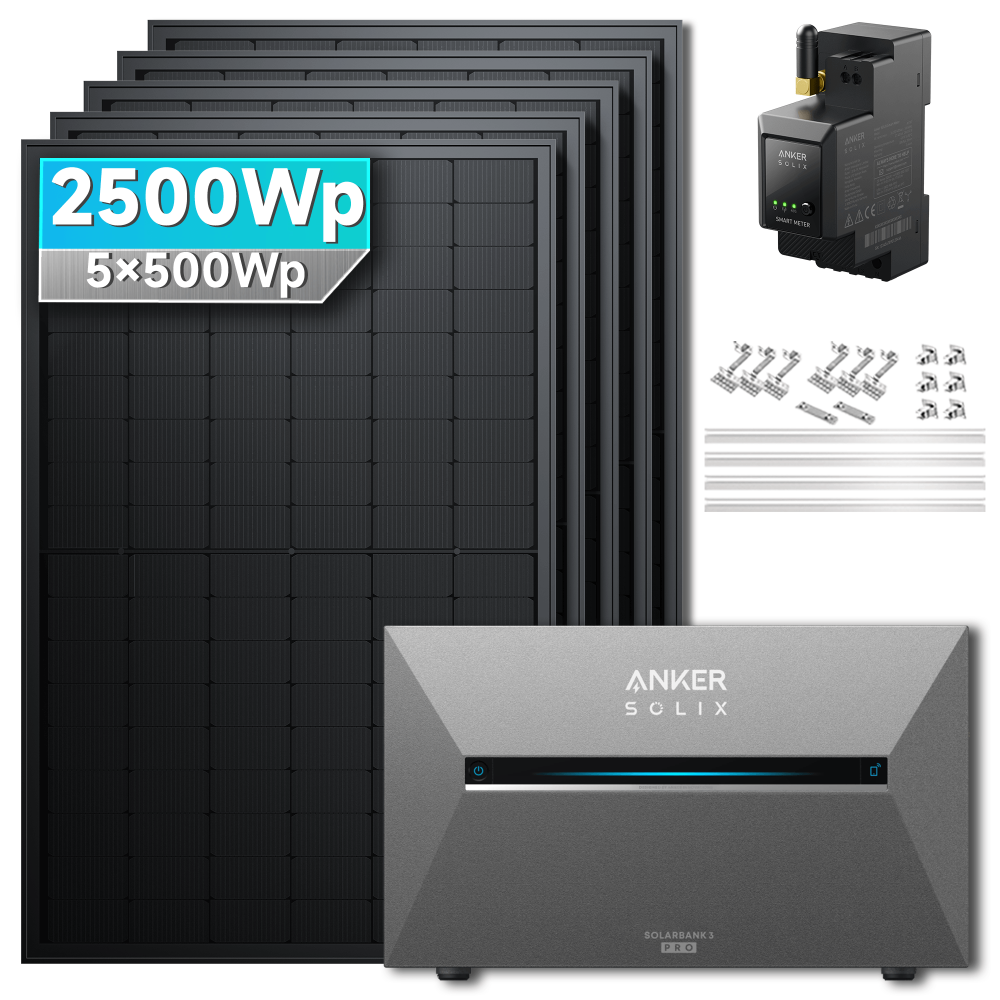 2500Wp Anker Solix Balkonkraftwerk Komplettset mit 5x500Wp bifazialen PV-Panels. Speicher: Ohne Erweiterungsakku. Halterung: Mit Ziegeldachhalterung.