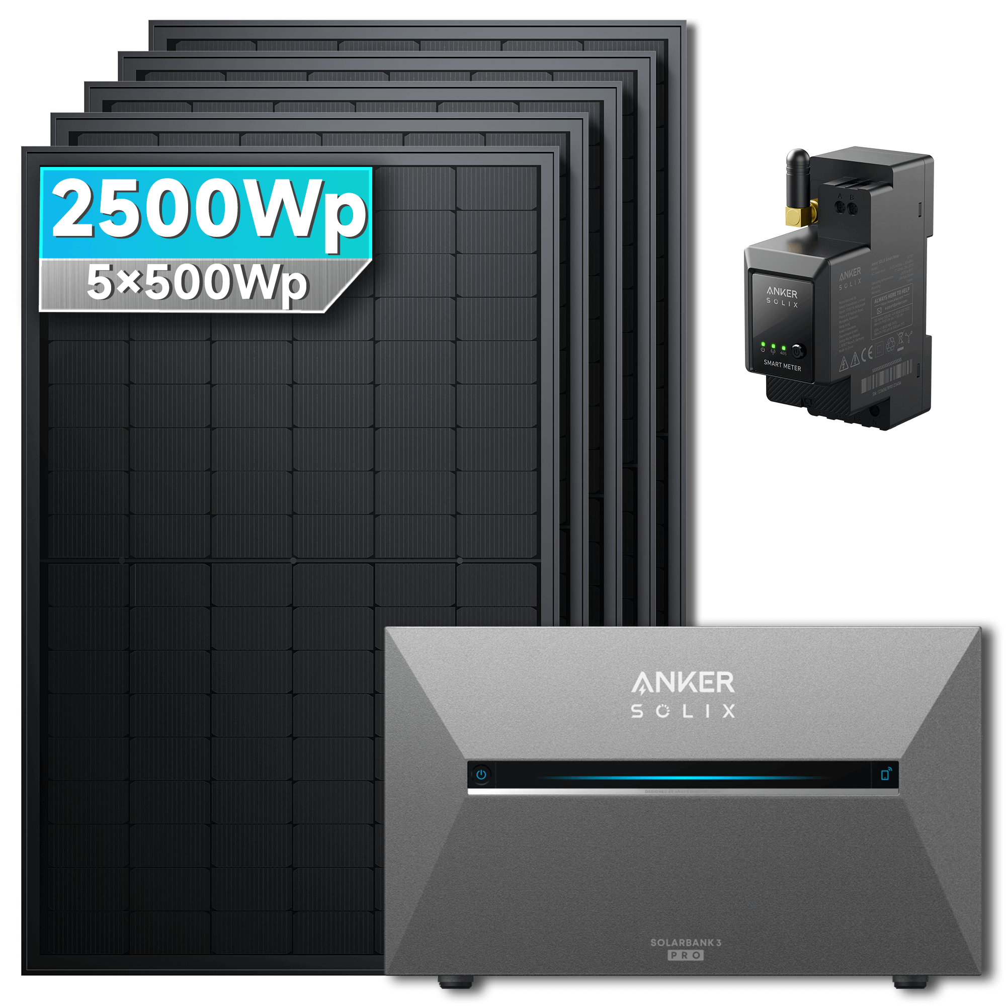 Anker SOLIX Solarbank 3 E2700 Pro with 5 x 500Wp solar panels, total 2500Wp, high-quality bifacial modules and inverter.