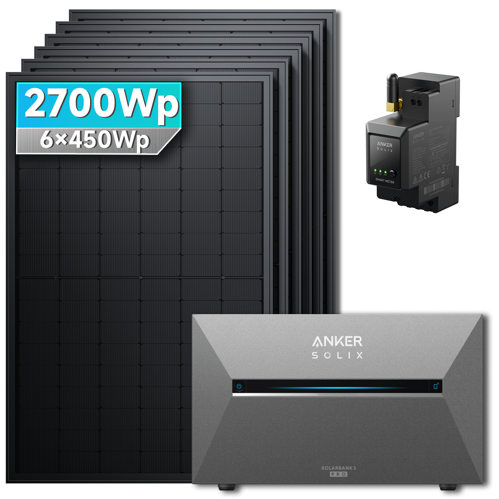 Anker Solix 2700Wp Balkonkraftwerk Set: Ohne Erweiterungsakku/Ohne Halterung, mit N-Type 450Wp bifazialen Solarmodulen und TÜV-Zertifizierung.