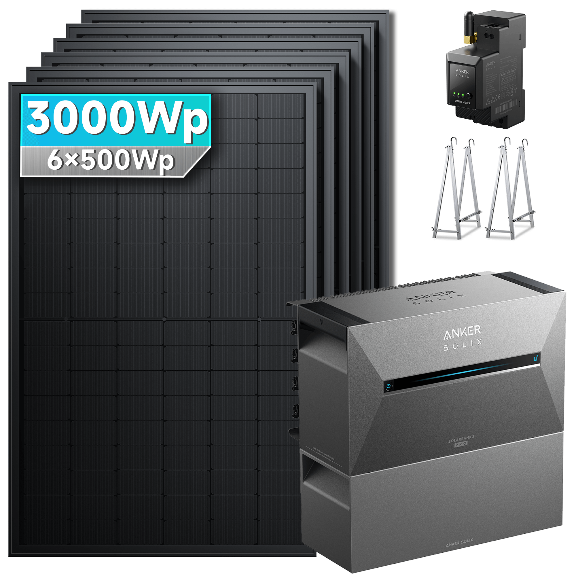 3000Wp Anker Solix Balkonkraftwerk Komplettset mit 6x500Wp bifazialen PV-Panels. Speicher: Mit 1x BP2700 Erweiterungsakku. Halterung: Mit Balkonhalterung.