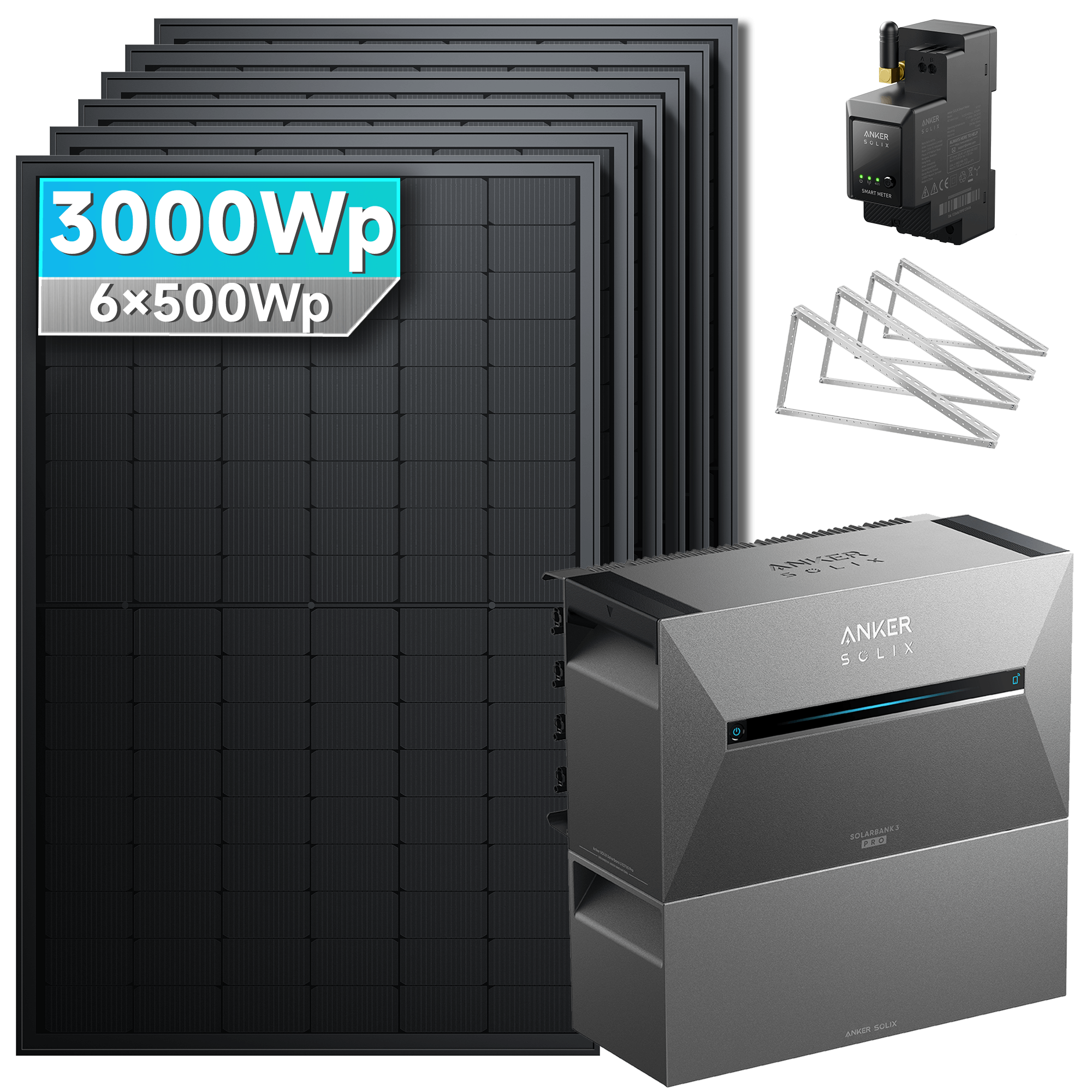 3000Wp Anker Solix Balkonkraftwerk Komplettset mit 6x500Wp bifazialen PV-Panels. Speicher: Mit 1x BP2700 Erweiterungsakku. Halterung: Mit Garten-/Flachdachhalterung.