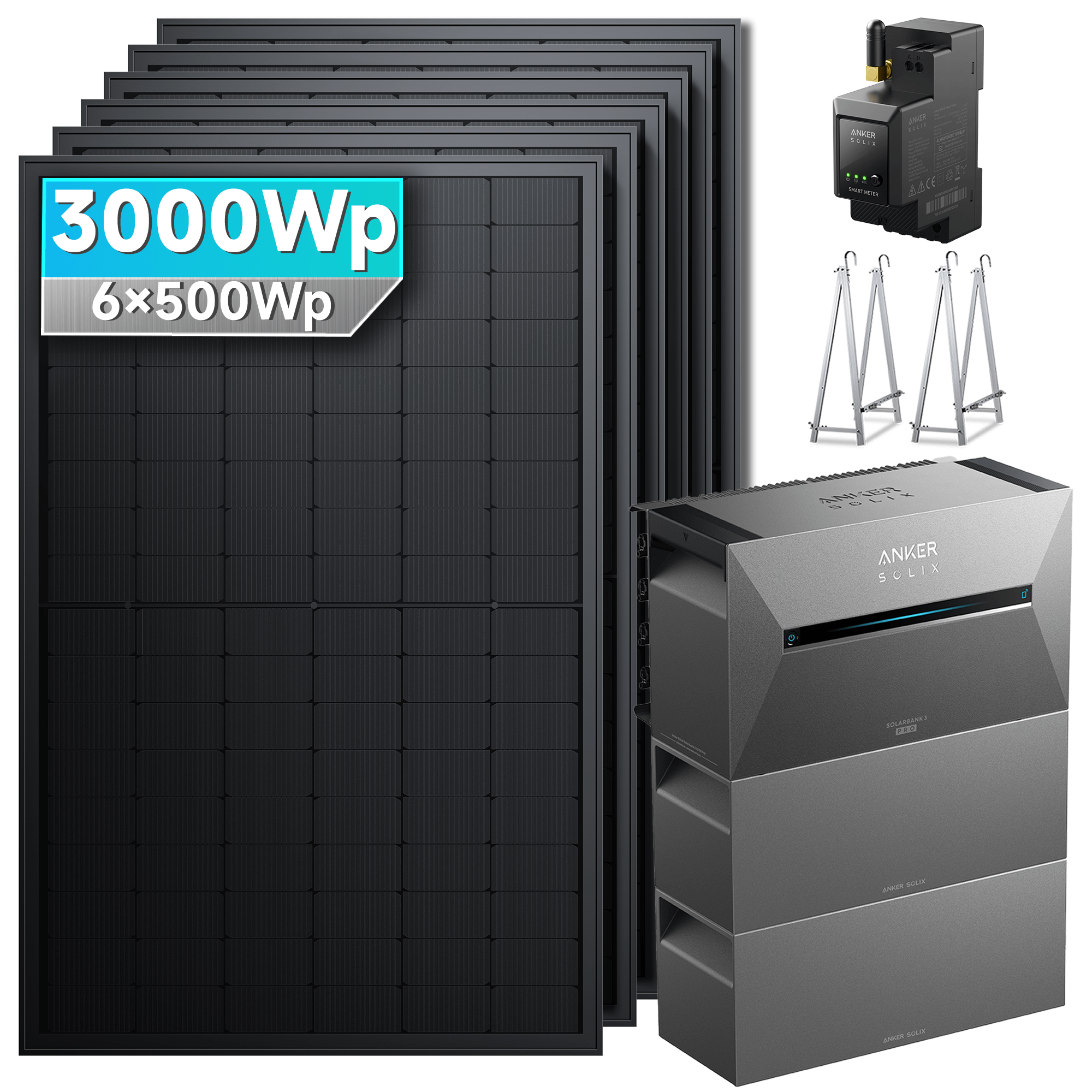 3000Wp Anker Solix Balkonkraftwerk Komplettset mit 6x500Wp bifazialen PV-Panels. Speicher: Mit 2x BP2700 Erweiterungsakku. Halterung: Mit Balkonhalterung.