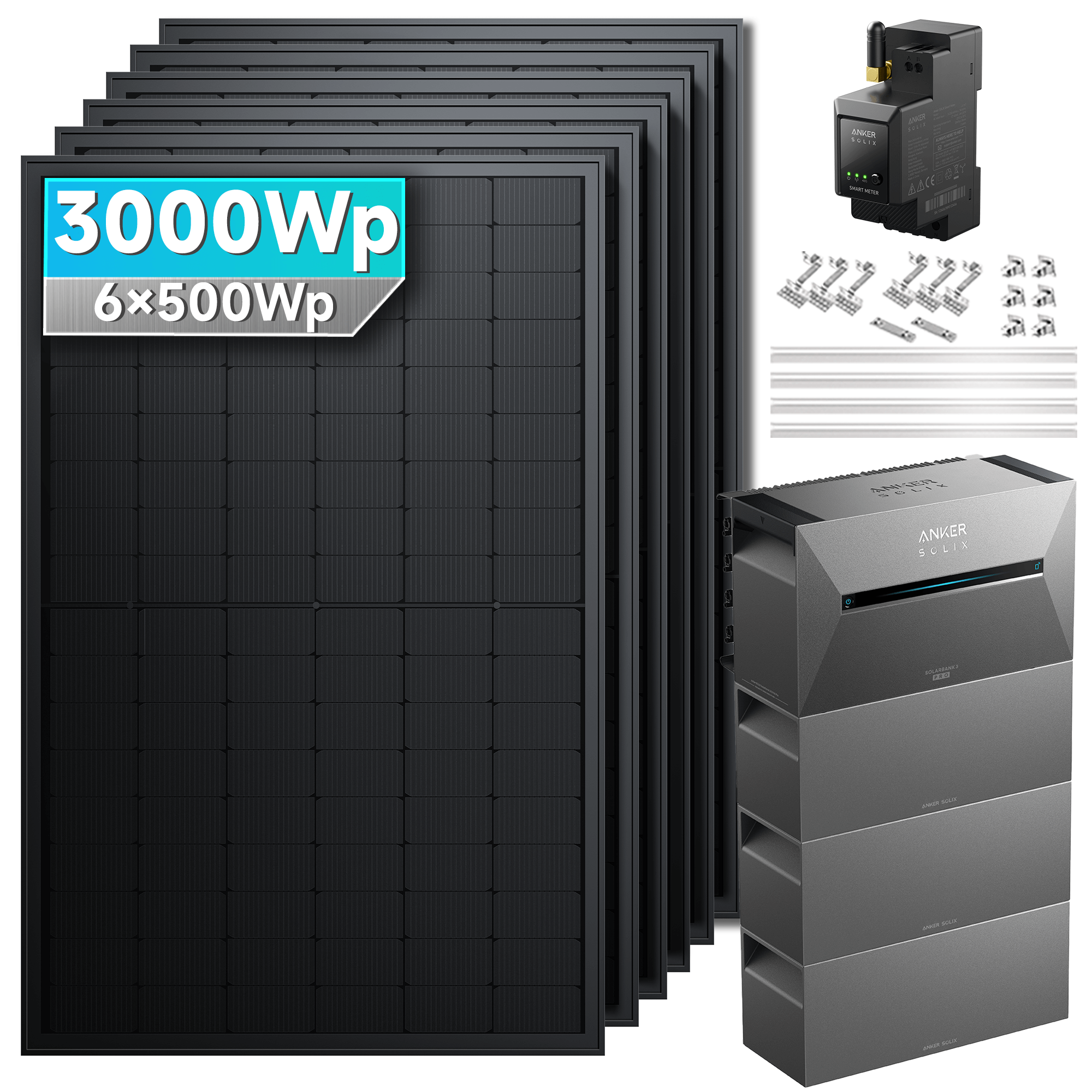 3000Wp Anker Solix Balkonkraftwerk Komplettset mit 6x500Wp bifazialen PV-Panels. Speicher: Mit 3x BP2700 Erweiterungsakku. Halterung: Mit Ziegeldachhalterung.