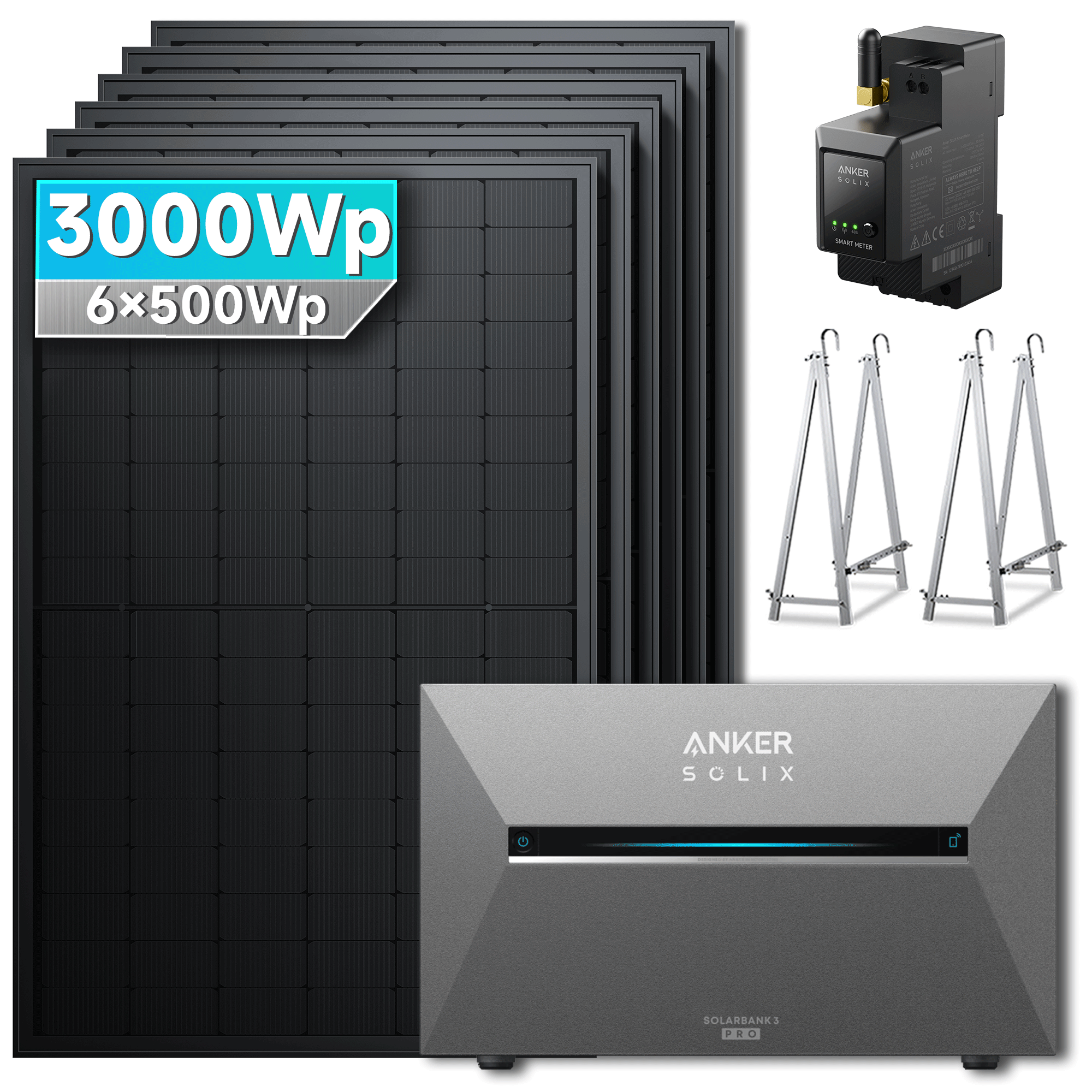 3000Wp Anker Solix Balkonkraftwerk Komplettset mit 6x500Wp bifazialen PV-Panels. Speicher: Ohne Erweiterungsakku. Halterung: Mit Balkonhalterung.