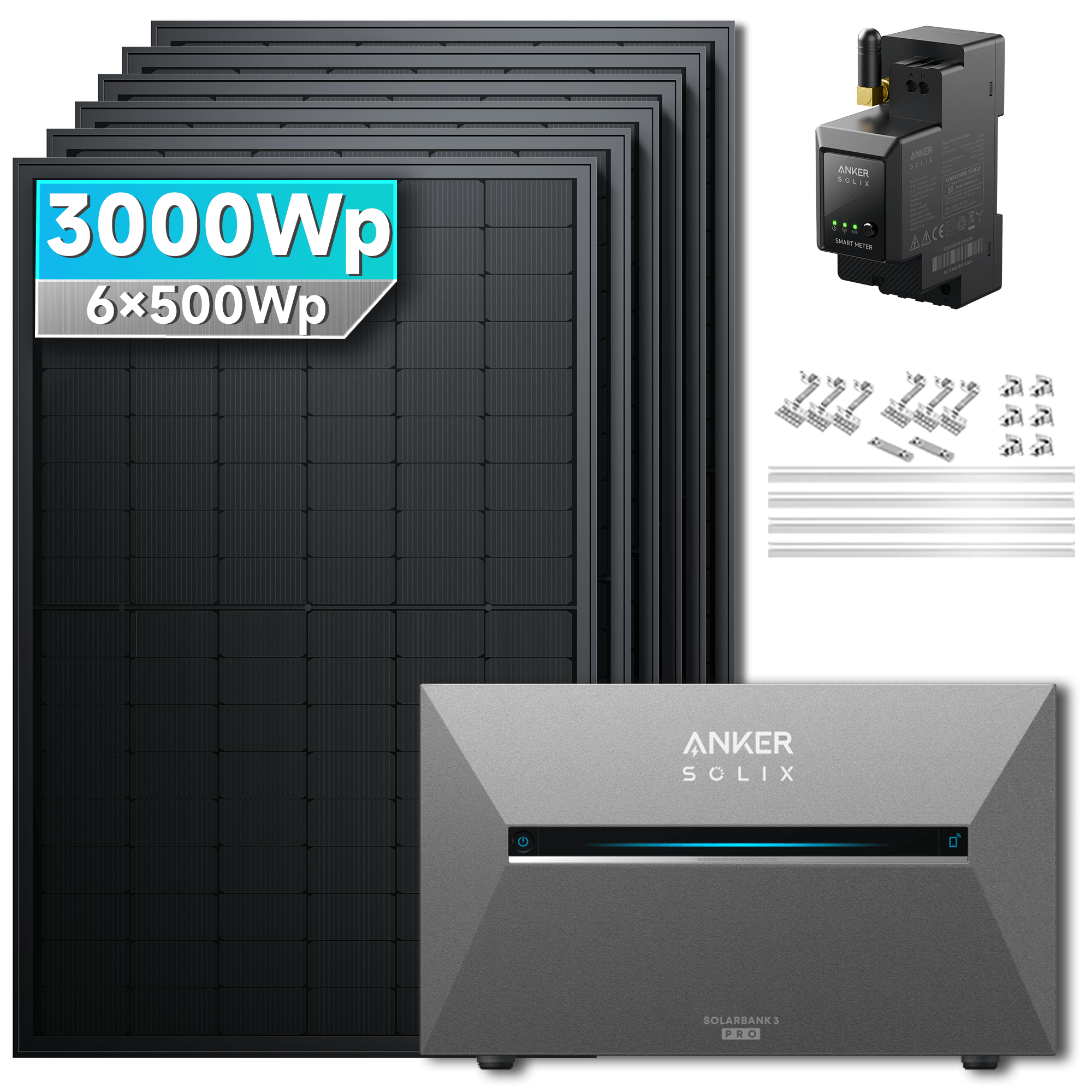3000Wp Anker Solix Balkonkraftwerk Komplettset mit 6x500Wp bifazialen PV-Panels. Speicher: Ohne Erweiterungsakku. Halterung: Mit Ziegeldachhalterung.