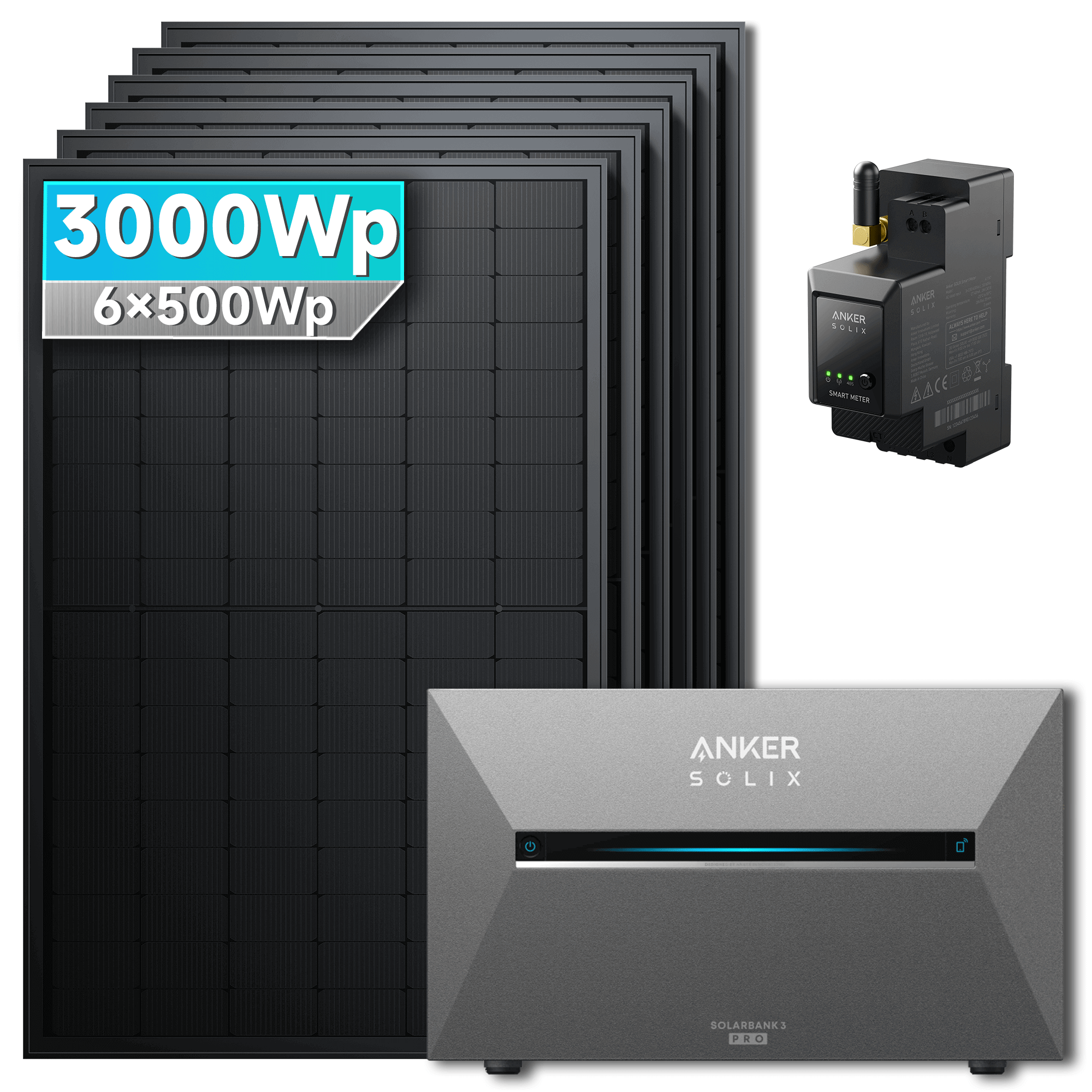 3000Wp Anker Solix Balkonkraftwerk Komplettset mit 6x500Wp bifazialen PV-Panels. Speicher: Ohne Erweiterungsakku. Halterung: Ohne Halterung.
