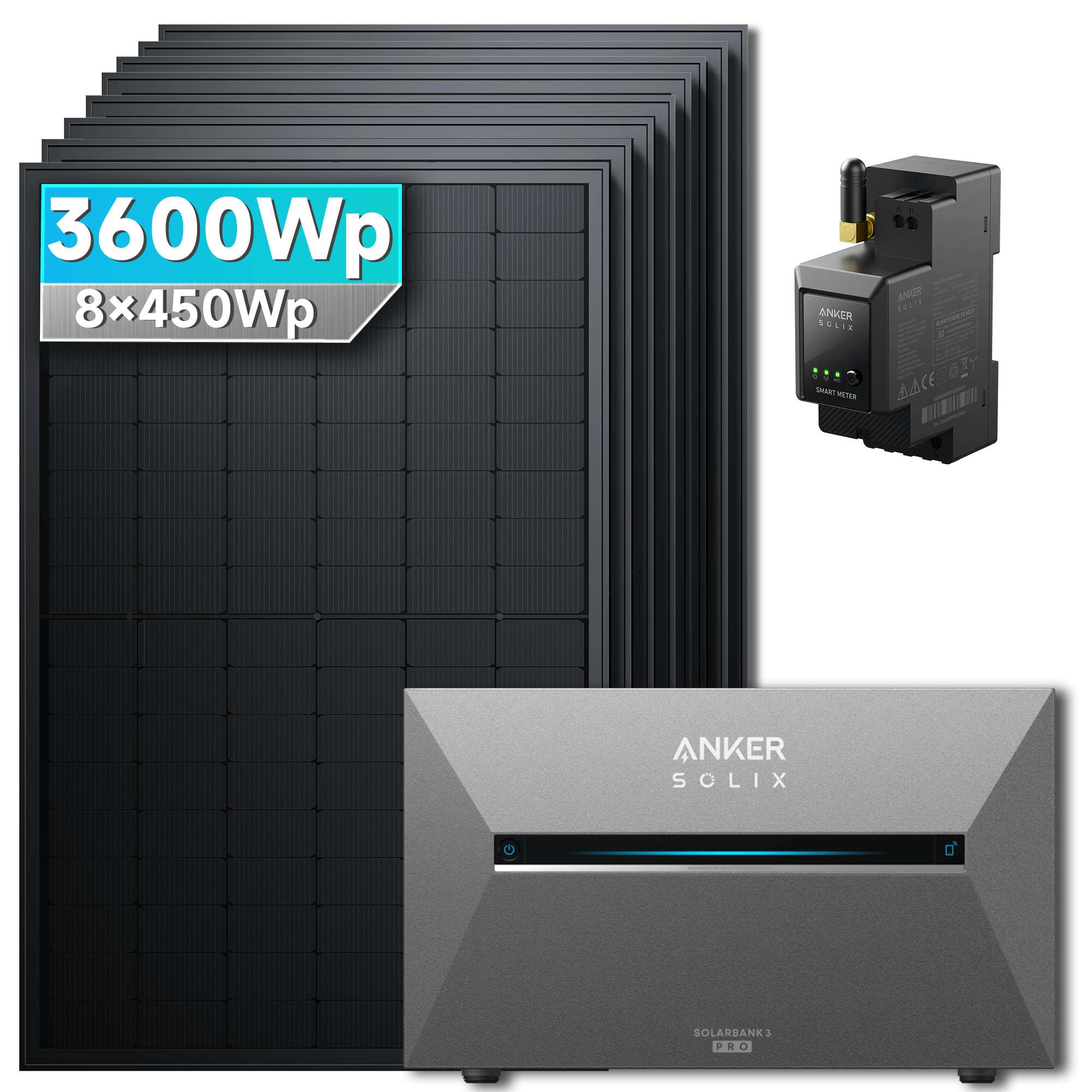 Anker Solix 3600Wp Balkonkraftwerk Set: Ohne Erweiterungsakku/Ohne Halterung, mit N-Type 450Wp bifazialen Solarmodulen und TÜV-Zertifizierung.