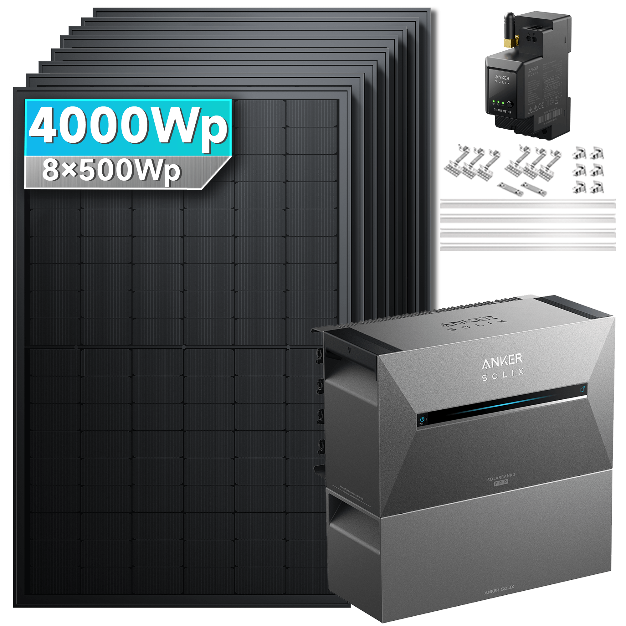 4000Wp Anker Solix Balkonkraftwerk Komplettset mit 8x500Wp bifazialen PV-Panels. Speicher: Mit 1x BP2700 Erweiterungsakku. Halterung: Mit Ziegeldachhalterung.