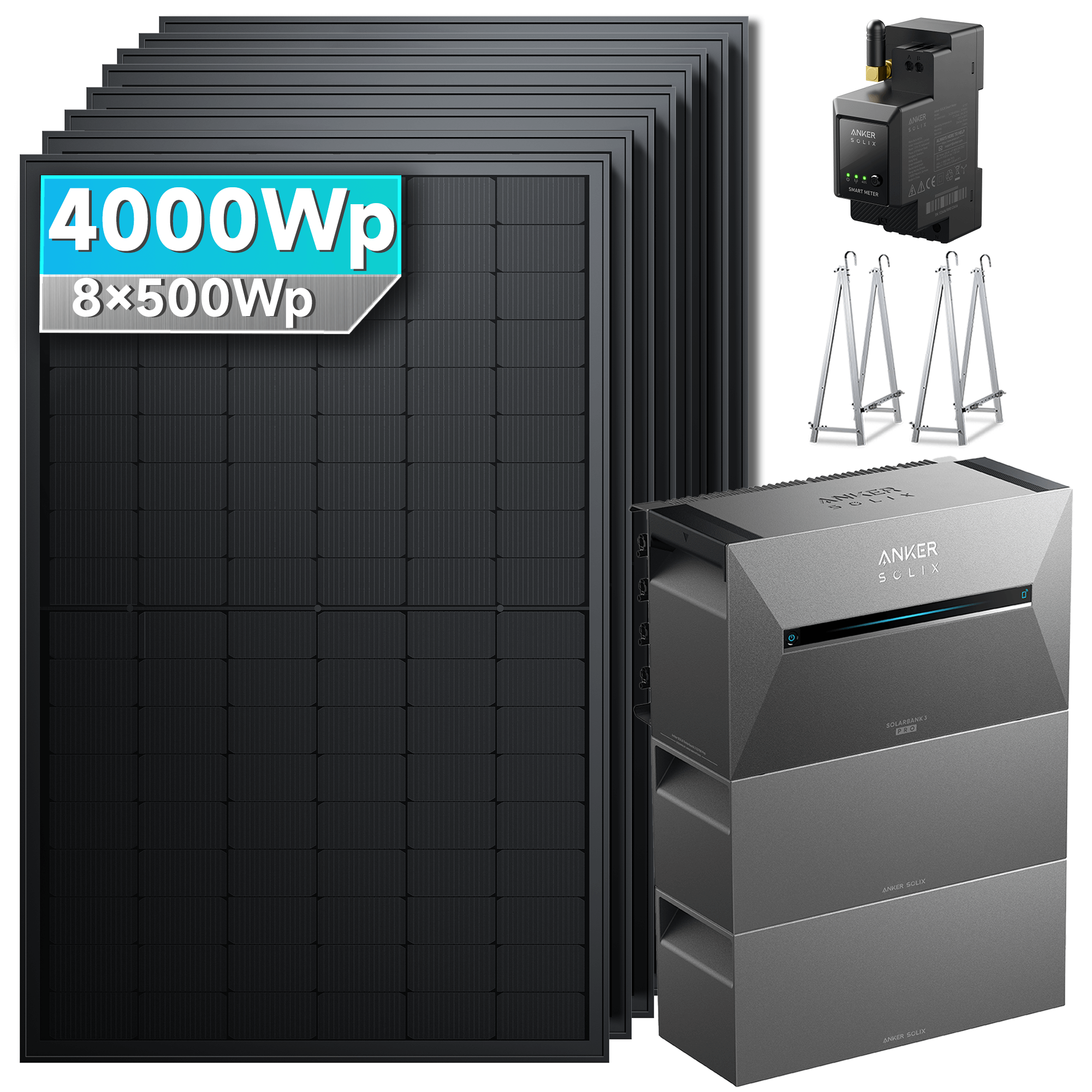 4000Wp Anker Solix Balkonkraftwerk Komplettset mit 8x500Wp bifazialen PV-Panels. Speicher: Mit 2x BP2700 Erweiterungsakku. Halterung: Mit Balkonhalterung.