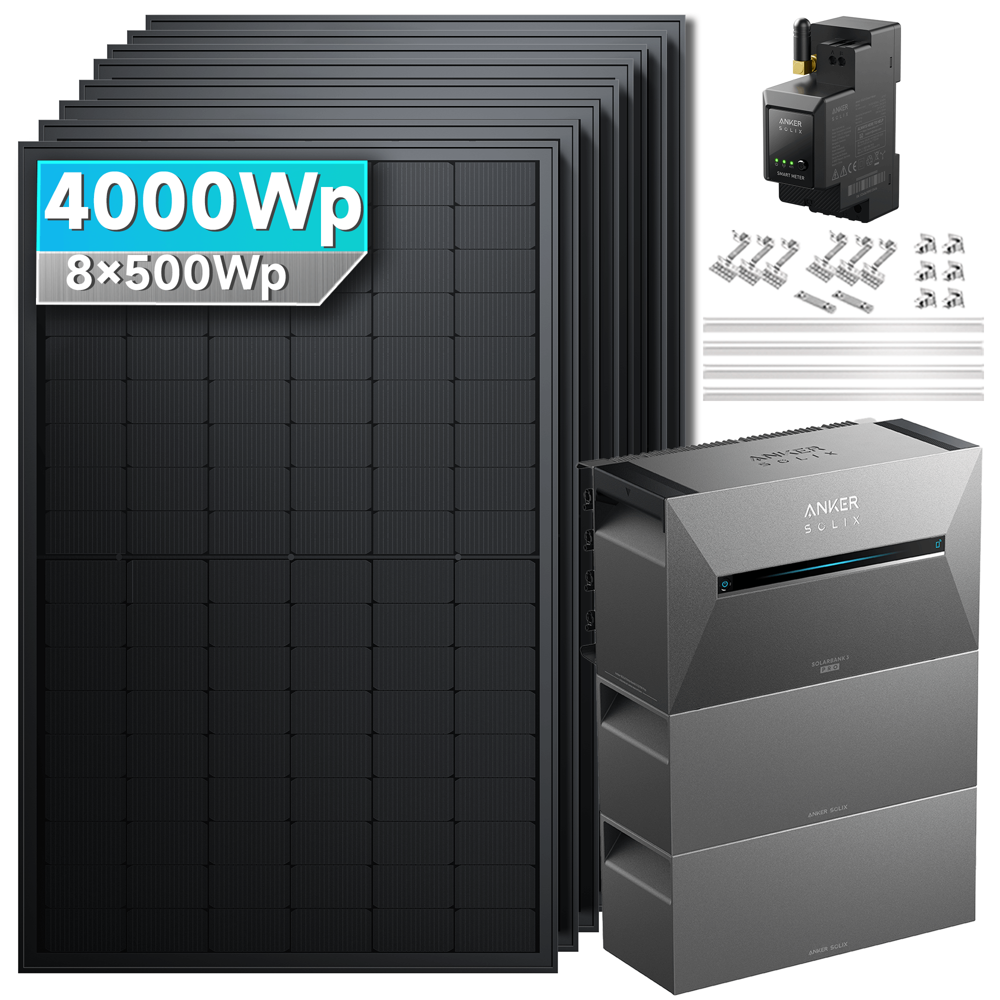 4000Wp Anker Solix Balkonkraftwerk Komplettset mit 8x500Wp bifazialen PV-Panels. Speicher: Mit 2x BP2700 Erweiterungsakku. Halterung: Mit Ziegeldachhalterung.