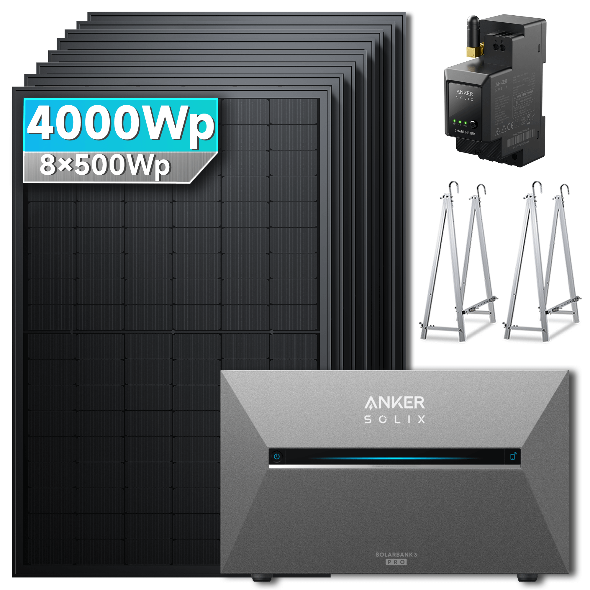 4000Wp Anker Solix Balkonkraftwerk Komplettset mit 8x500Wp bifazialen PV-Panels. Speicher: Ohne Erweiterungsakku. Halterung: Mit Balkonhalterung.