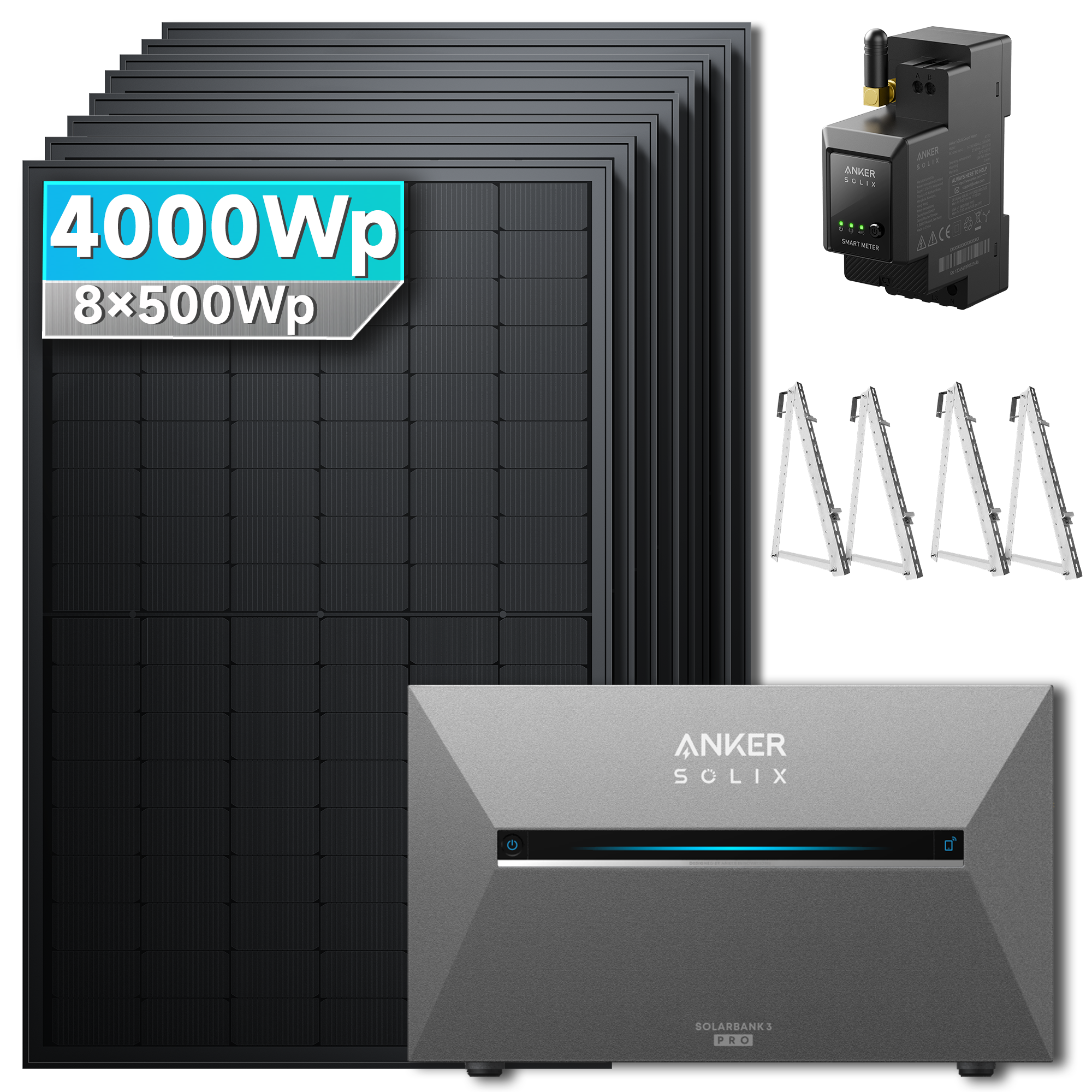 Anker Solix 4000Wp Komplettanlage ohne Erweiterungsakku, mit Balkon-Geländer-Halterung.