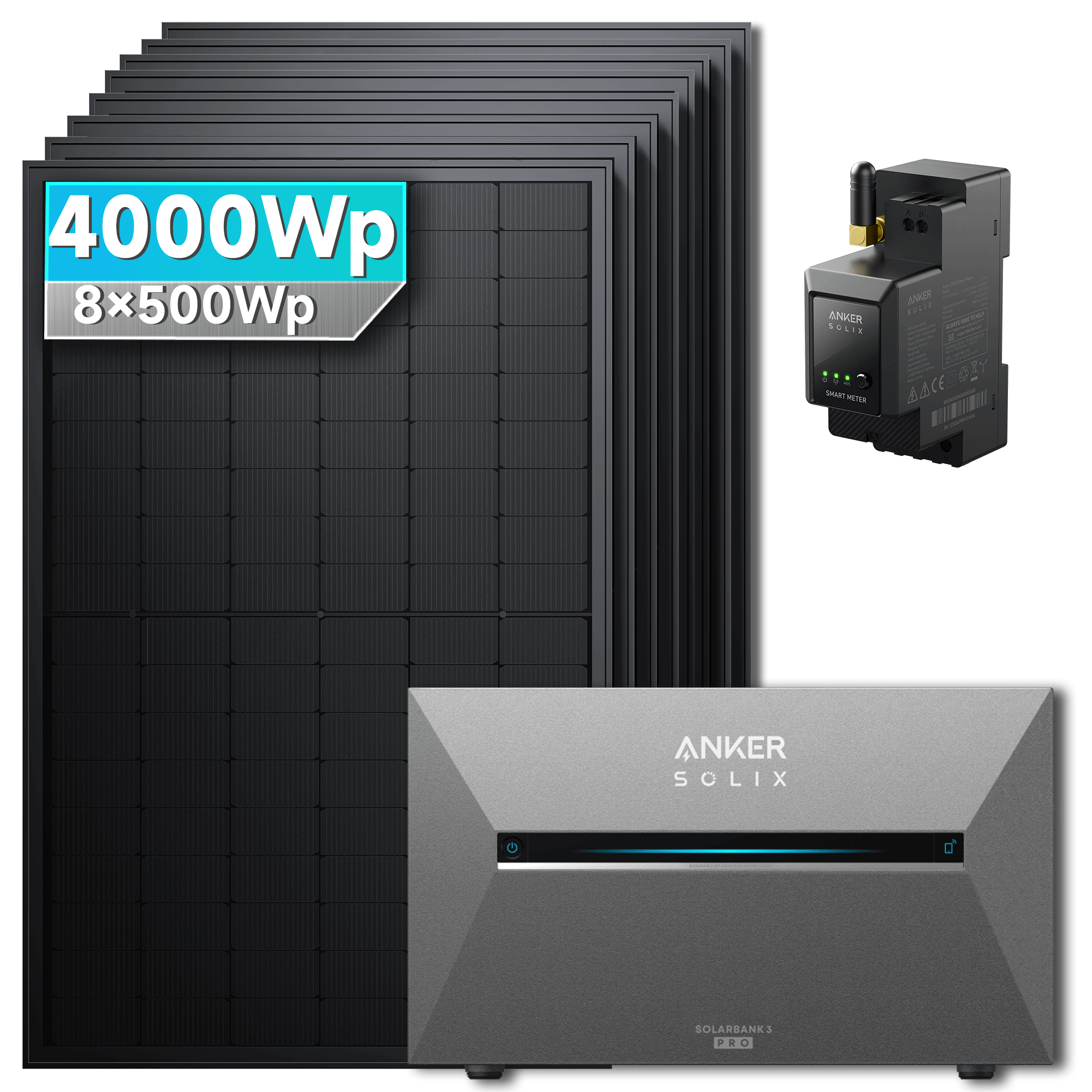 4000Wp Anker Solix Balkonkraftwerk Komplettset mit 8x500Wp bifazialen PV-Panels. Speicher: Ohne Erweiterungsakku. Halterung: Ohne Halterung.