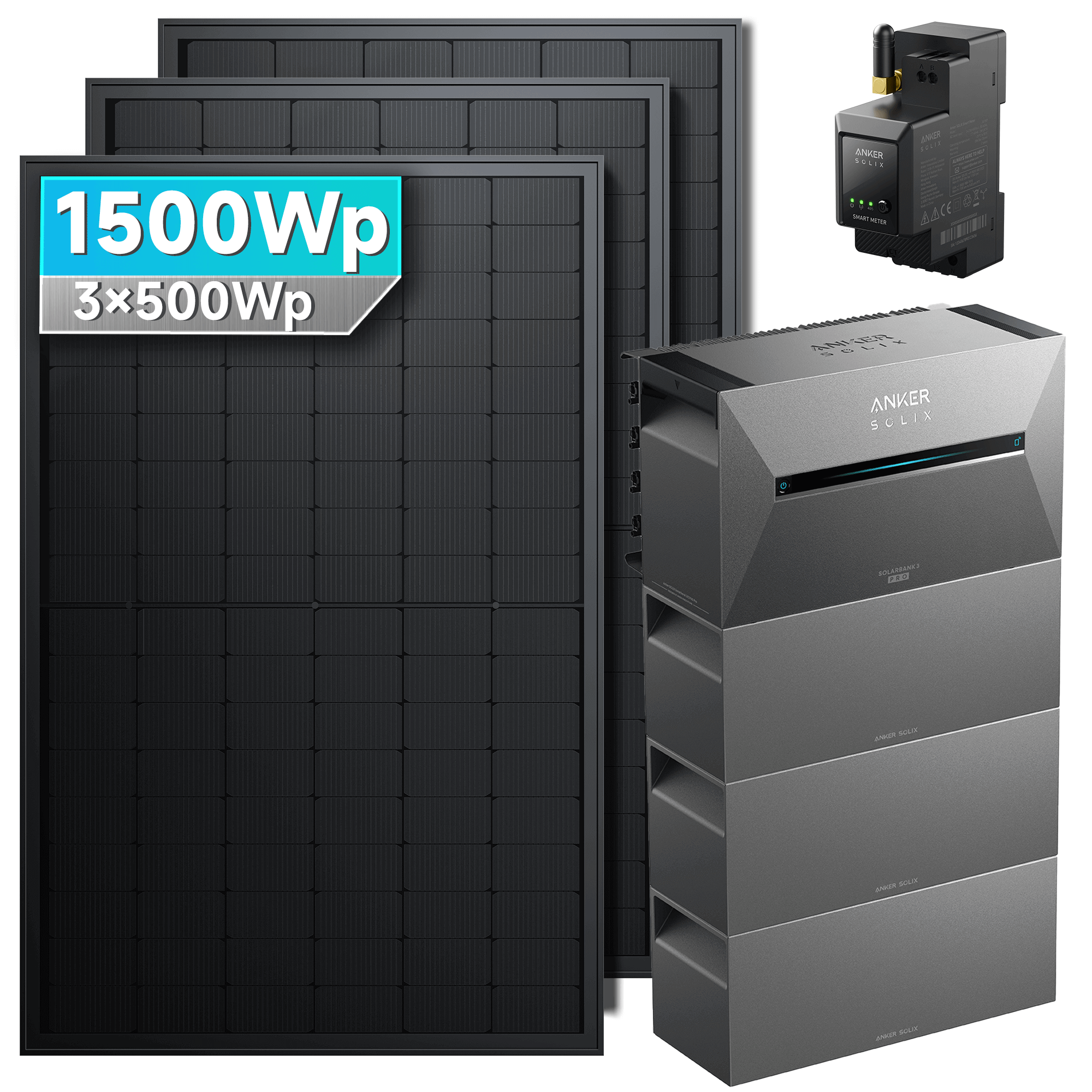 1500Wp Anker Solix Balkonkraftwerk Komplettset mit 3x500Wp bifazialen PV-Panels. Speicher: Mit 3x BP2700 Erweiterungsakku. Halterung: Ohne Halterung.