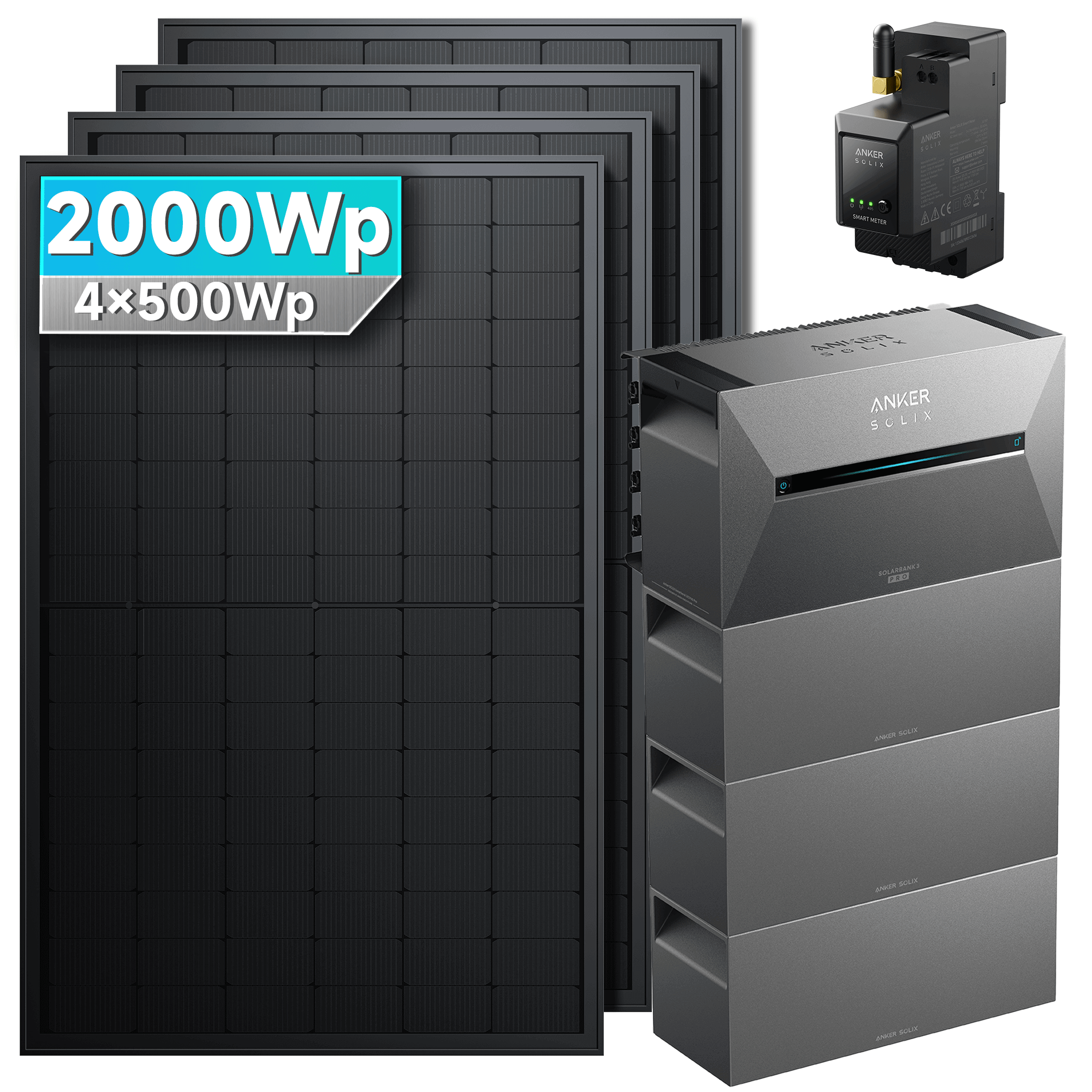 Anker SOLIX Solarbank 3 E2700 Pro with 4x500Wp solar panels, total 2000Wp capacity, showcasing energy efficiency.
