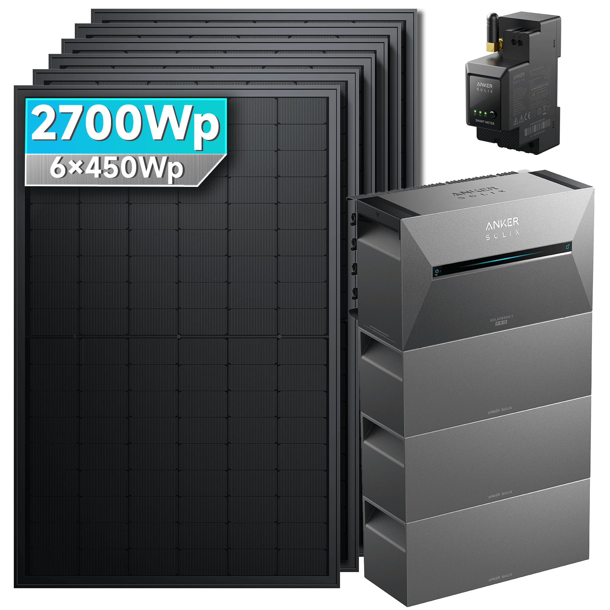 Anker Solix 2700Wp Komplettset: Mit 3x BP2700 Erweiterungsakku/Ohne Halterung, mit N-Type 450Wp bifazialen Solarmodulen und TÜV-Zertifizierung.